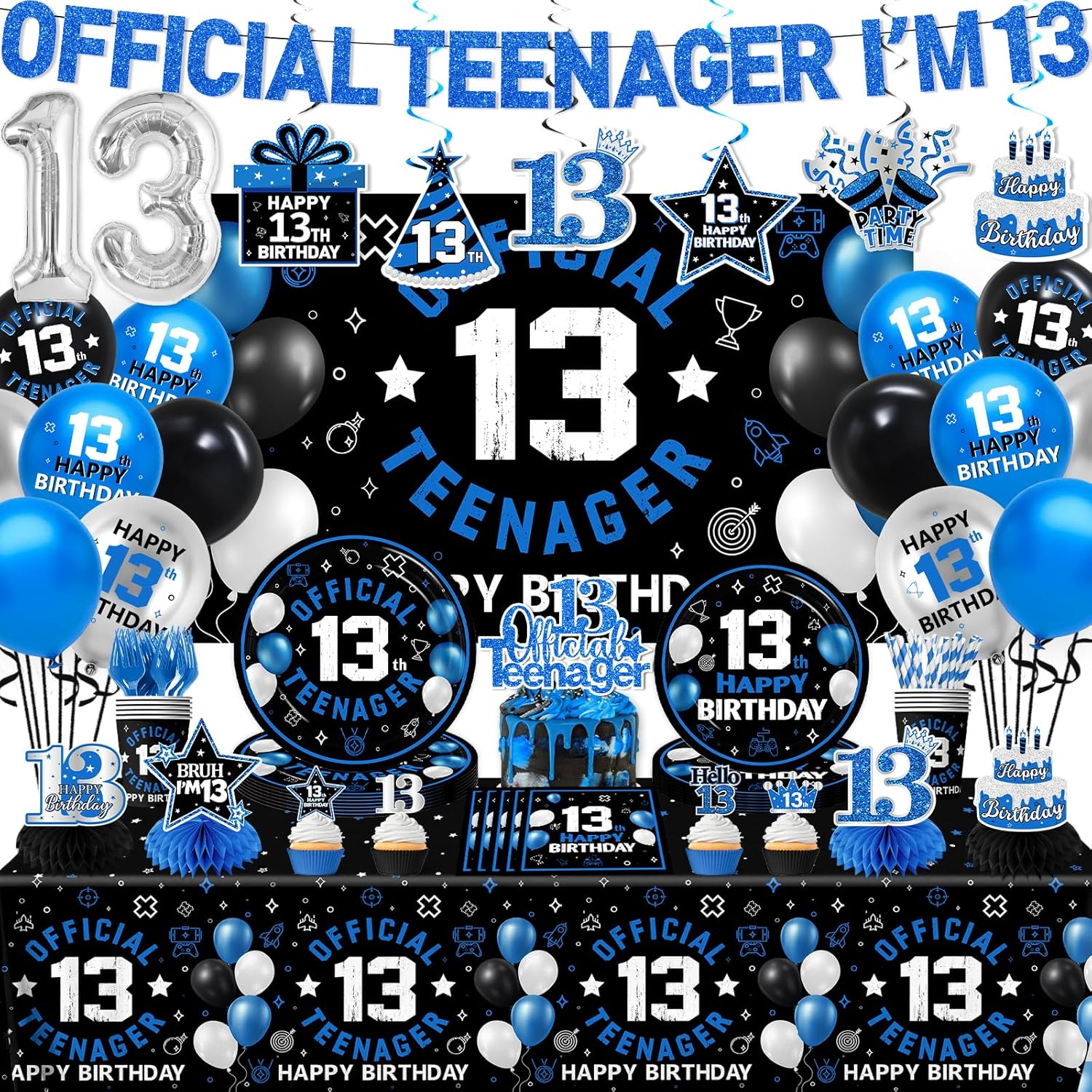13th Birthday Decorations for Boys,196pcs Blue Happy 13th Birthday Decorations Official Teenager Decorations Plates Napkins Tablecloth Backdrop Topper Balloons for 13 Year Old Boy Birthday Decorations