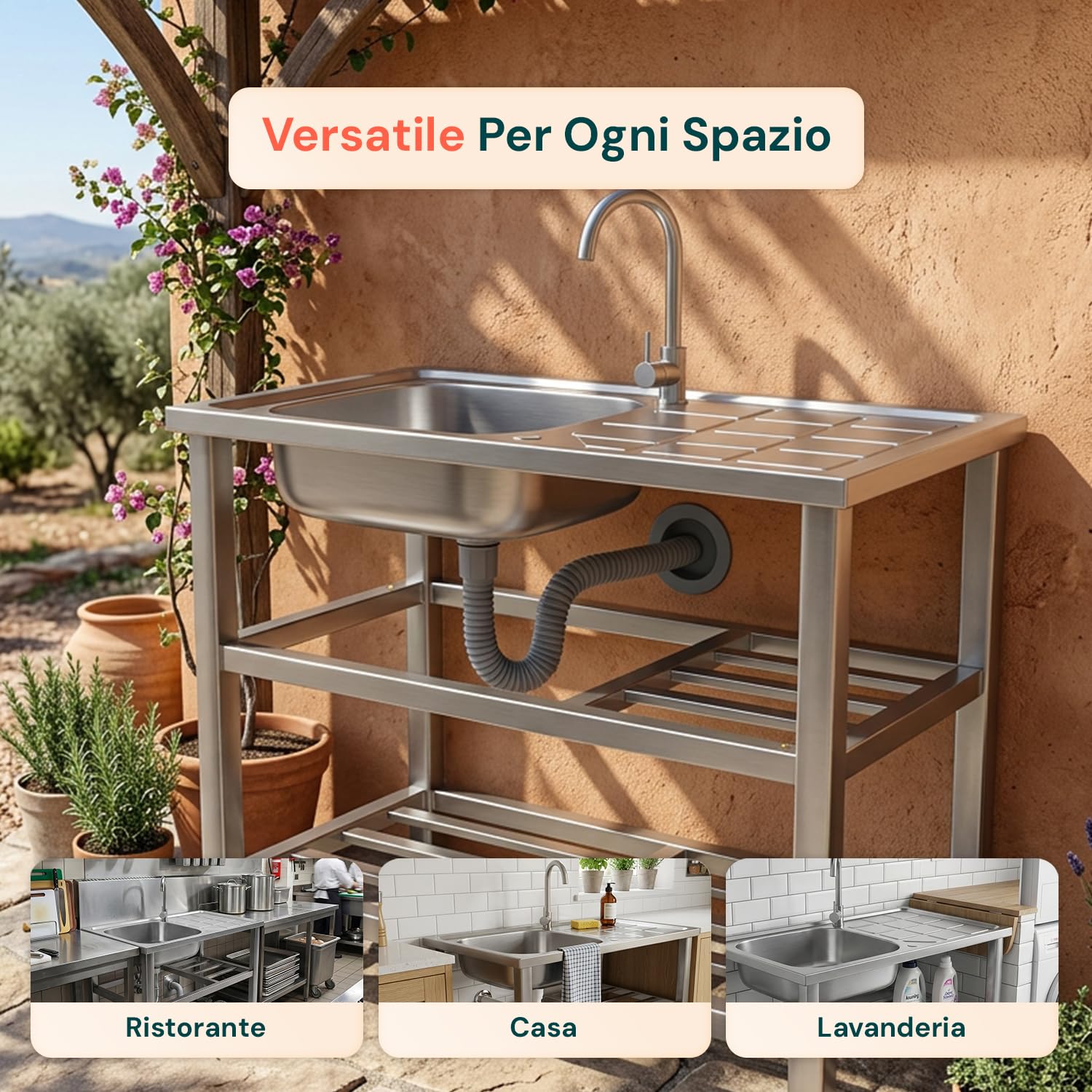 Avilia - Lavello Multifunzione in Acciaio Inox Professionale con Fontana – Lavandino da Esterno e Interno Reversibile – Dimensioni 75x40x80 cm con Doppia Mensola, Rubinetto e Kit Scarico Completo