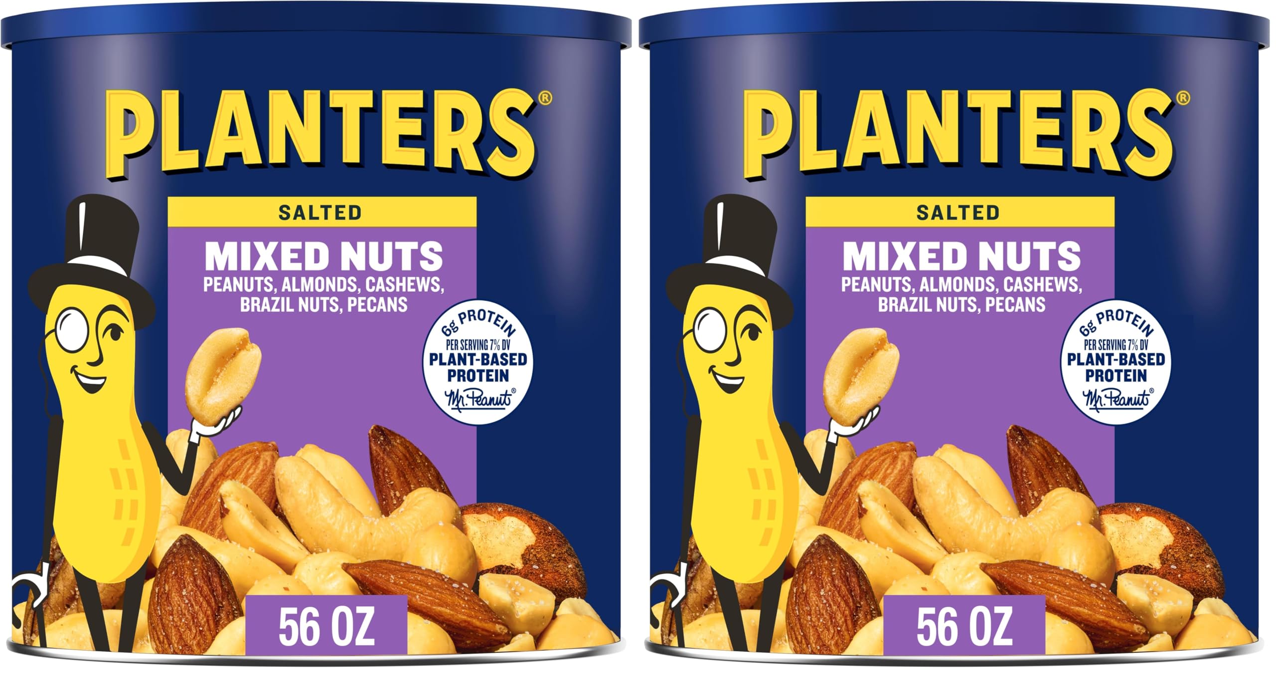 PLANTERS Salted Mixed Nuts, Party Snacks, Plant-Based Protein 56oz (1 Canister) (Pack of 2)