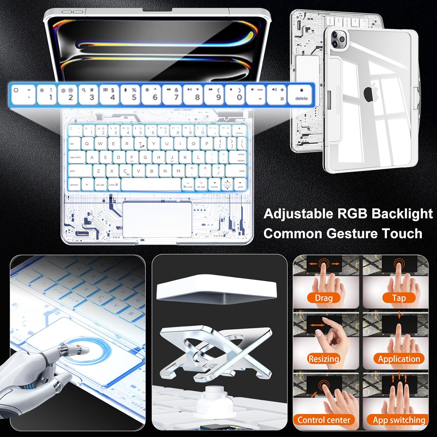 Transparent Keyboard Case for iPad Air 11in(M4/M3/M2,2026/2025/2024),10.9in Air4/5th,Pro 11in(4th/3th/2th/1th),360°Rotating,7-Color Backlit Wireless Keyboard with Touchpad,Pencil Holder,White