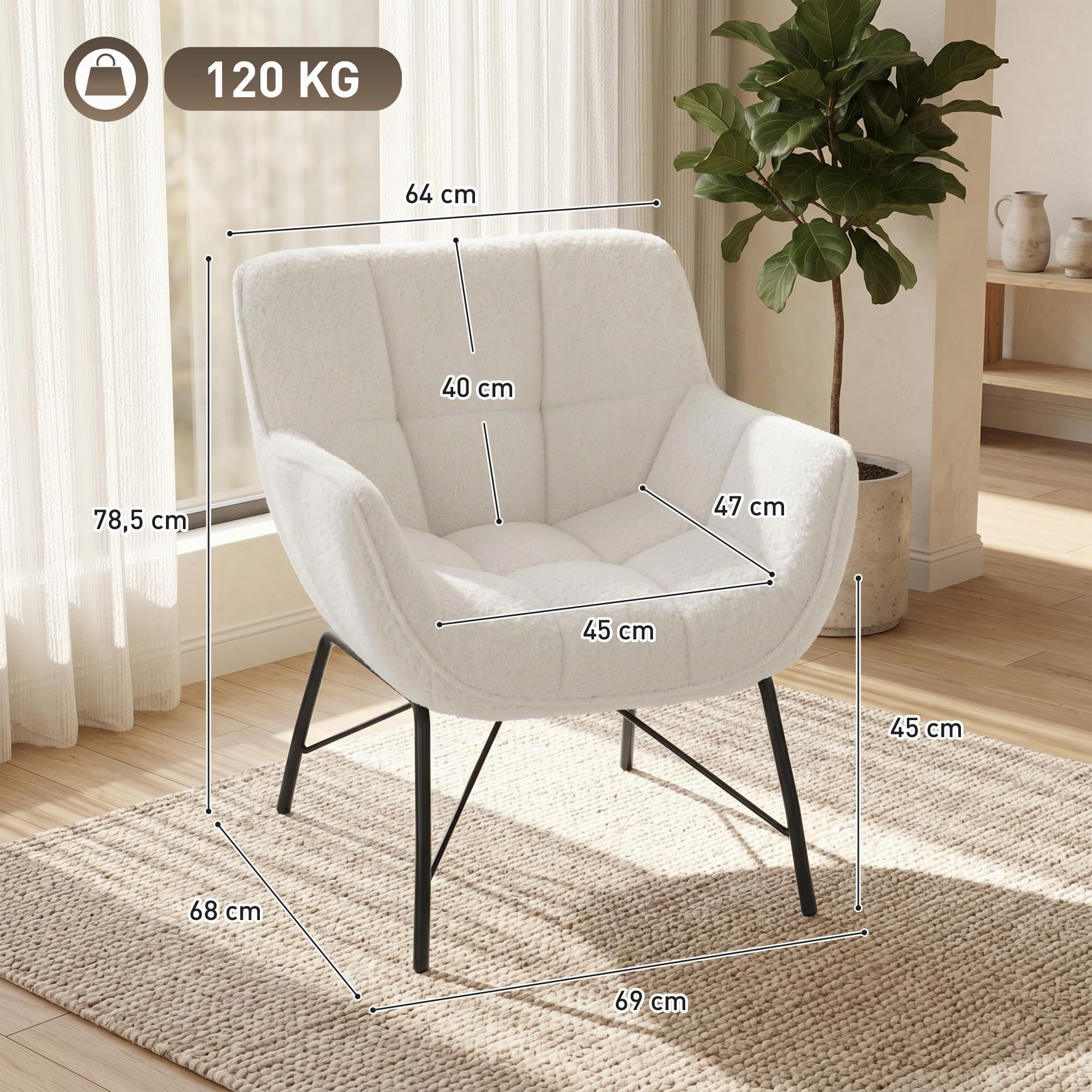 HOMCOM Loungesessel Wohnzimmer Sessel mit Sherpa-Fleece-Optik Cremeweiß | Moderner Lesesessel, Armlehnen, Gebogener Rückenlehne, Stahlbeinen, Bequemer Relaxsessel, Polsterstuhl für Schlafzimmer