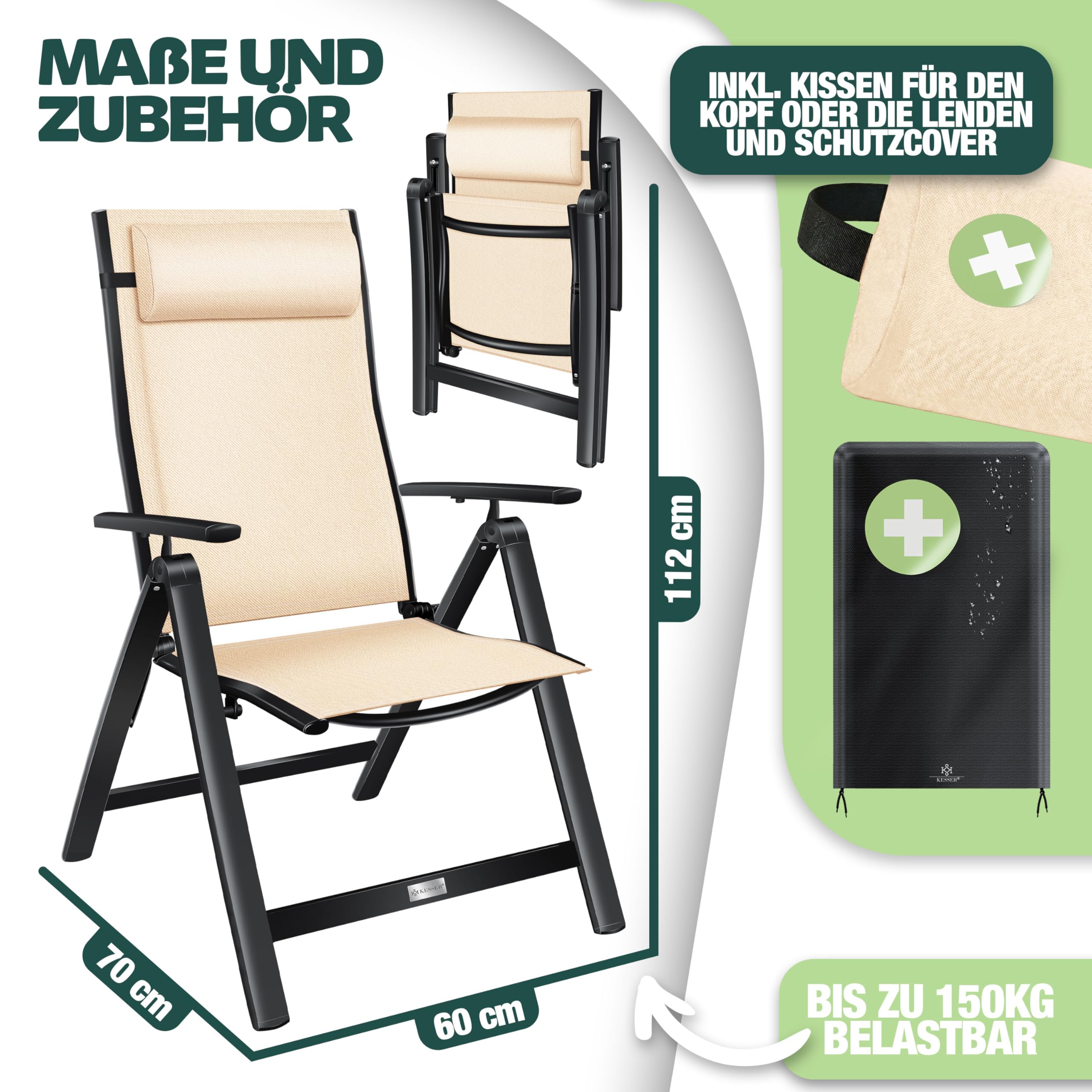 KESSER® Sedia da giardino con schienale Alto, con braccioli, in alluminio, con cuscino, regolabile in 7 posizioni, Resistente Alle Intemperie, pieghevole, 1 Unidad, Beige