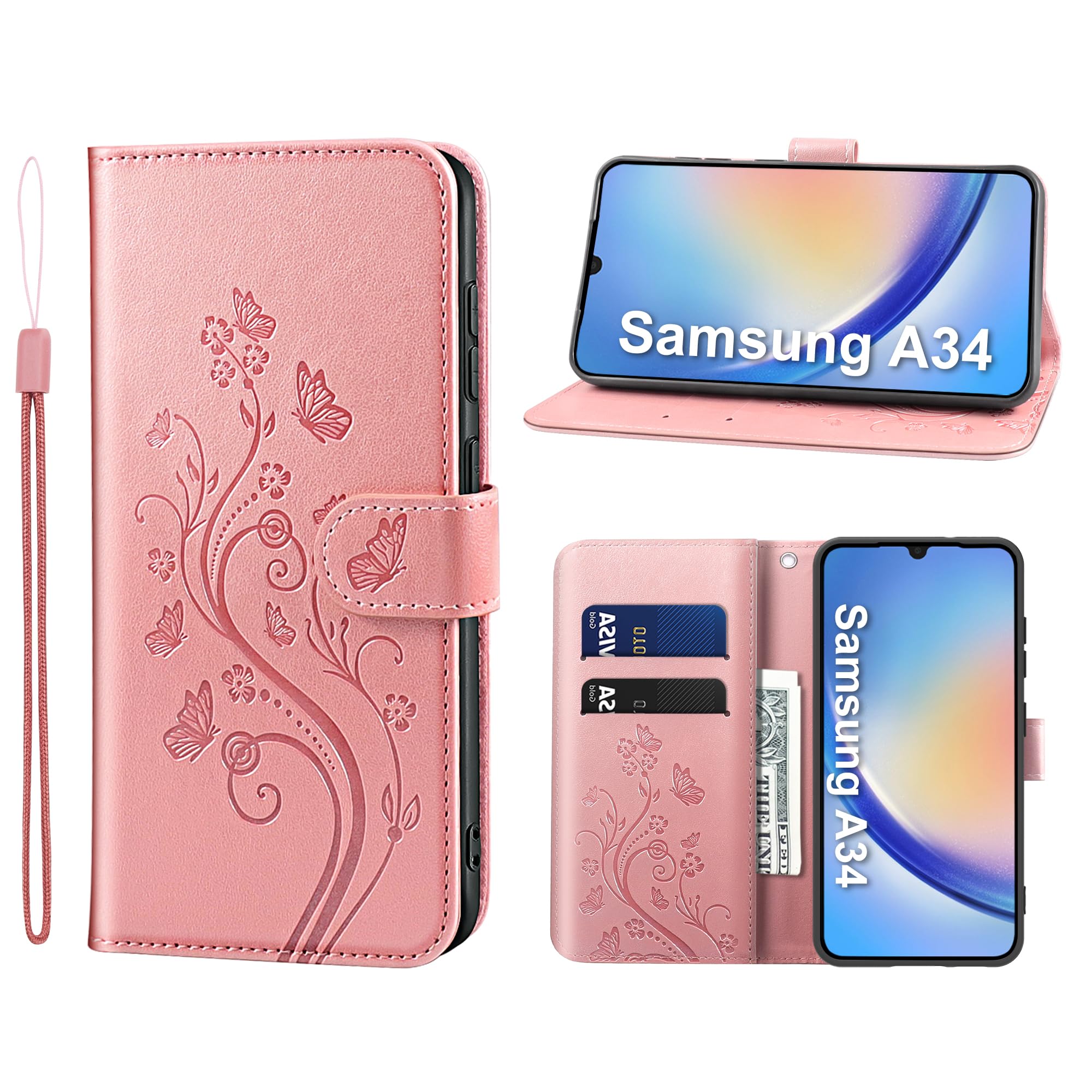 KRAFTCARE Lederhülle für Samsung Galaxy A34 Klapphülle Leder Hülle | Premium PU Leder mit Prägung, Kartenfach, Ständer, Magnetic Closure, RFID Blockierung, Flip Wallet Handyhülle, Rosa