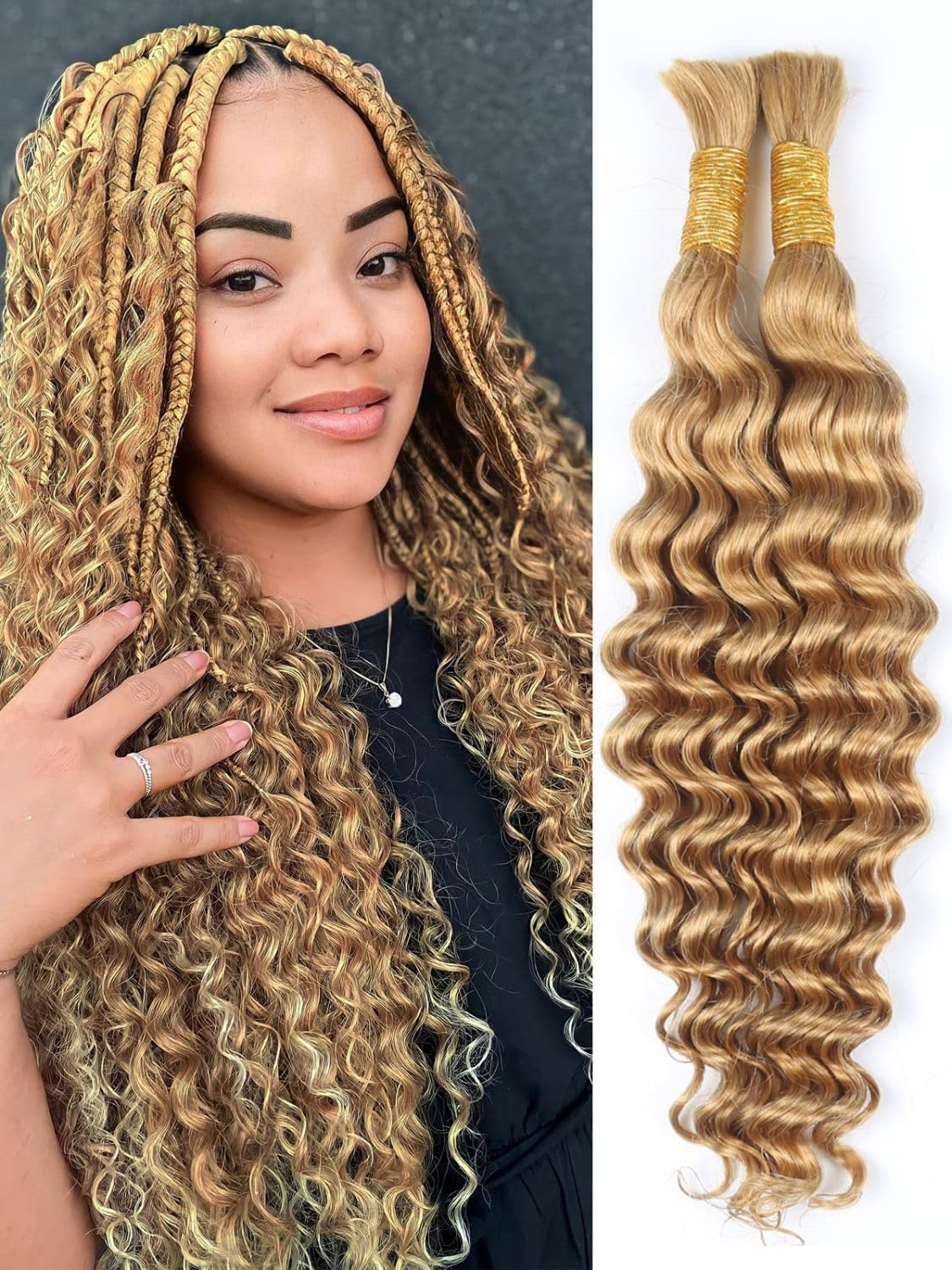 Sexycat Deep Curly Human Braiding Hair for Boho Braids 2 Bundles 16 Inch 100g,#27 Honey Blonde Water Wave Bulk Human Hair for Micro Braiding Wet and Wavy Human Hair Extensions