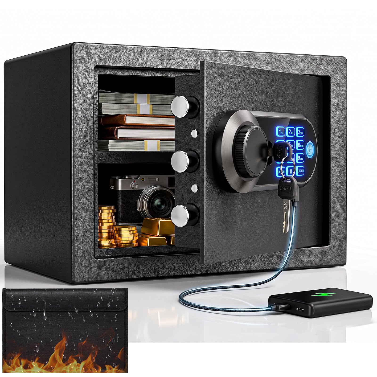 25L Small Biometric Safe Box with Fireproof Bag, Fingerprint Home Safe
