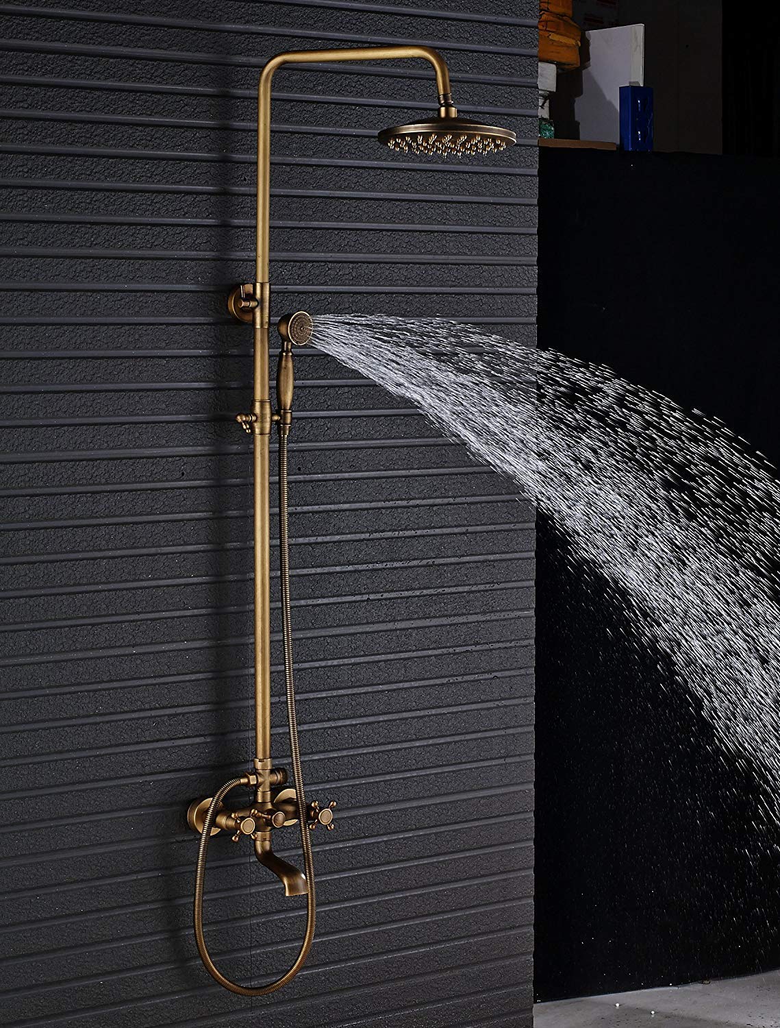 Sistema Doccia, Rubinetto per Vasca per Doccia a Pioggia da Bagno in Ottone Antico Montato a Parete Soffione Doccia Superiore da 8 Pollici + Spray Portatile, Set Doccia di Lusso