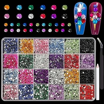 24Grid Nail Art Rhinestone Flatback Gems Crystals Diamond for Nail Decoration Round Rhinestones Kit with Pickup Pencil and Tweezer for DIY and Professional Nail Art