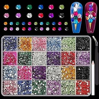 24Grid Nail Art Rhinestone Flatback Gems Crystals Diamond for Nail Decoration Round Rhinestones Kit with Pickup Pencil and Tweezer for DIY and Professional Nail Art