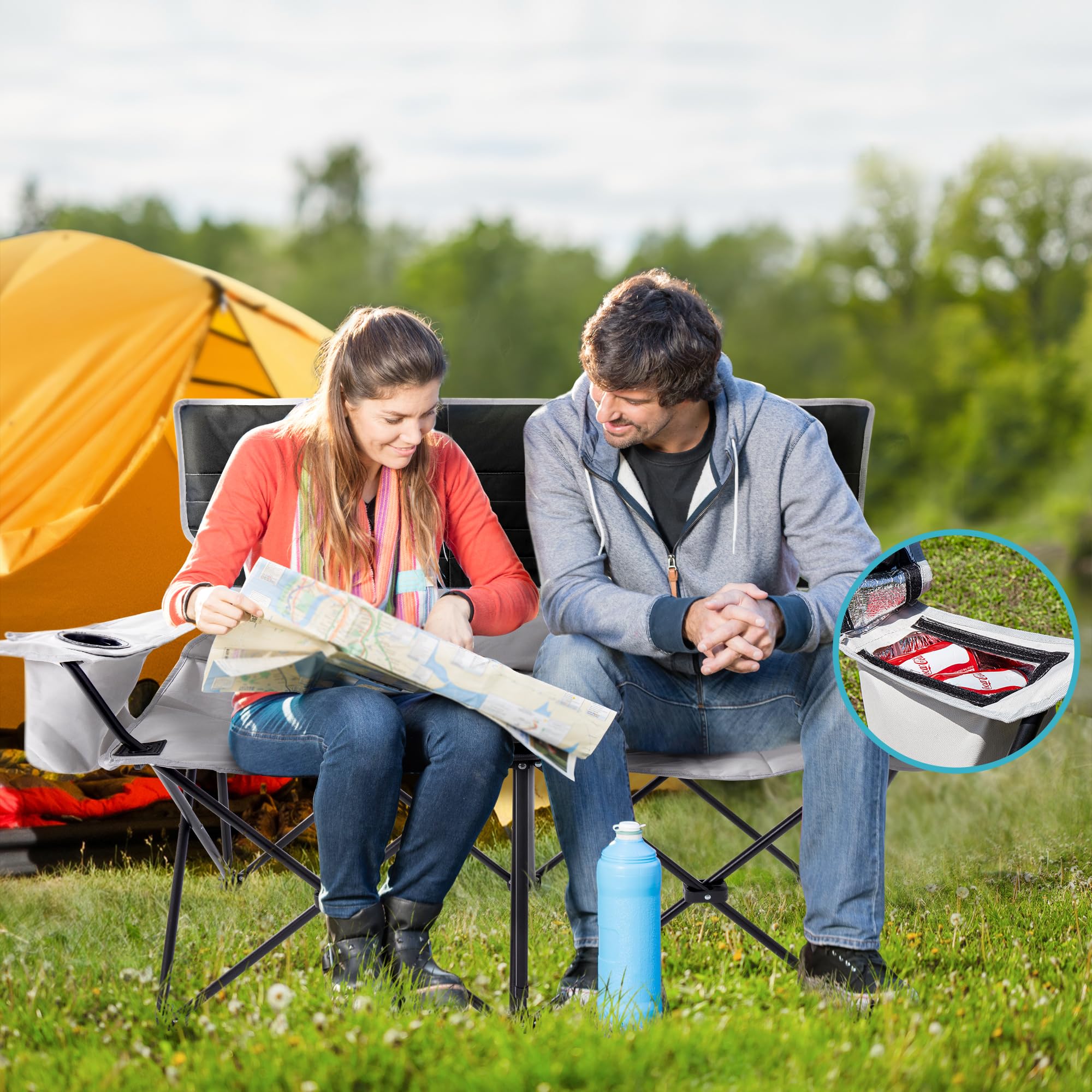 Sedia Da Campeggio Pieghevole 2 Posti Outsunny - Divanetto Con Braccioli E Portabibite Verde