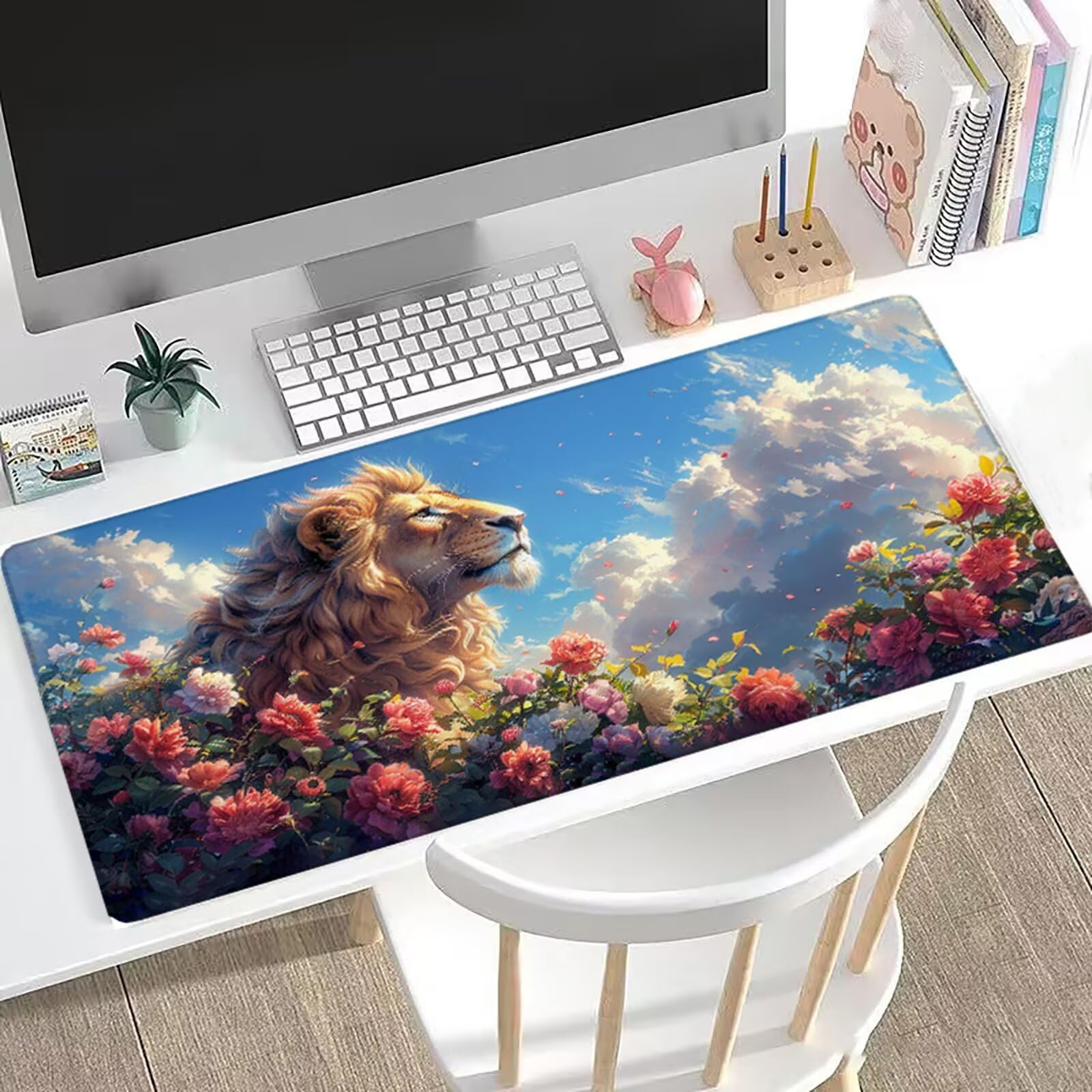 Podkładka pod mysz XXL 120 x 60 cm do gier lew pod ręką duże biurko, podkładka pod mysz ze stabilną antypoślizgową podstawą, podkładka pod mysz piwonii, akcesoria biurowe do pracy w domu, klawiatura i