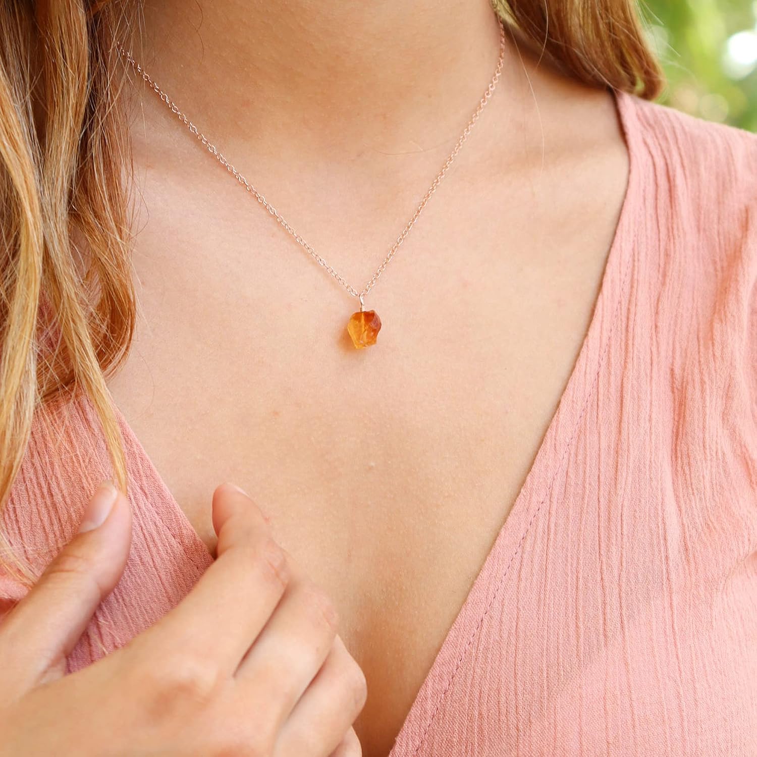 Citrine Raw Crystal Pendant Necklace in 14k Rose Gold Fill