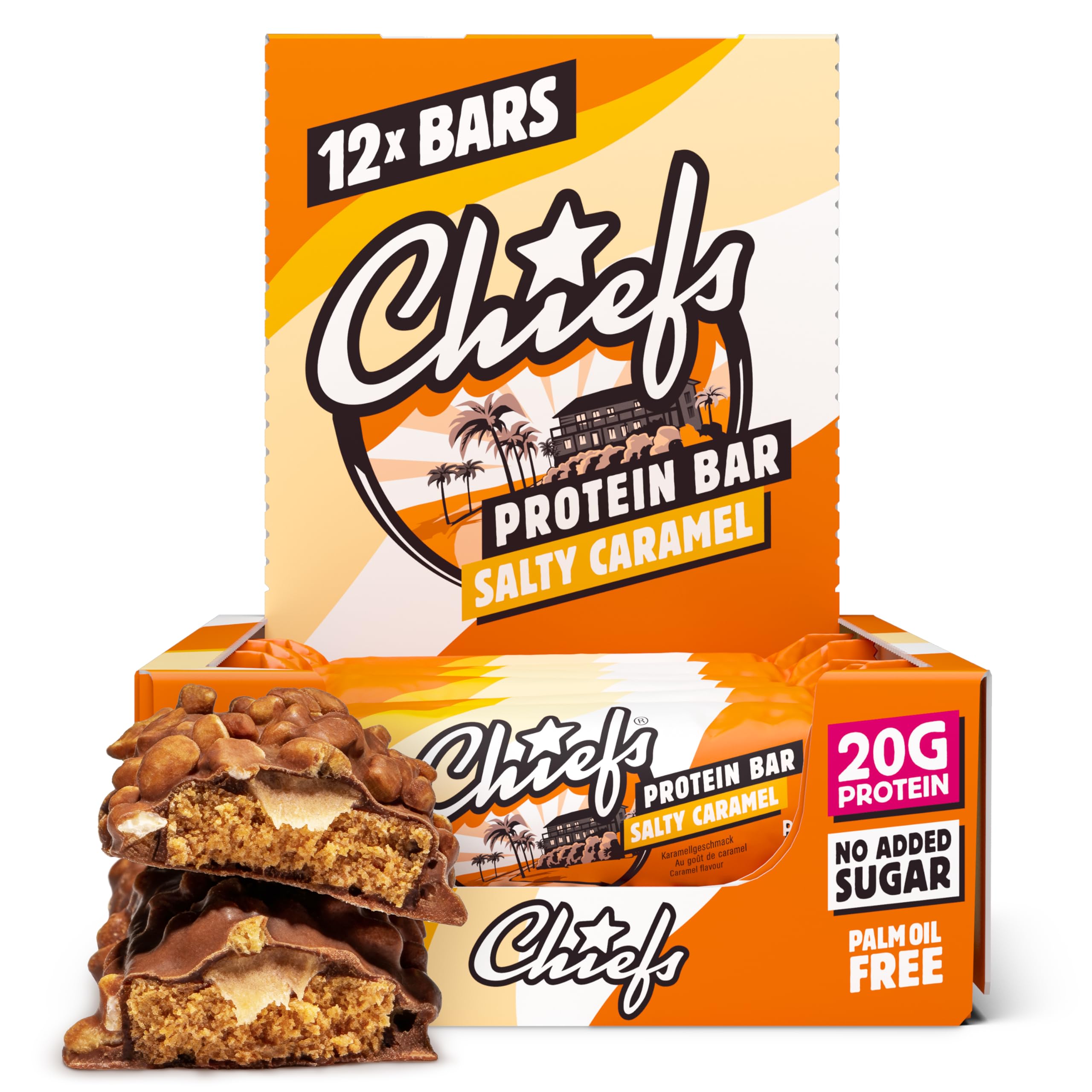 Chiefs Protein Bar (Salty Caramel) • Barre protéinée premium avec 20g de protéines & 214 kcal par barre • Sans sucre ajouté • Barre protéinée low sugar • Goût de Salty Caramel • Pack de 12 (12 x 55g)