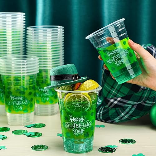 Miniatura 6 de Yinder 200 tazas de trébol para el día de San Patricio de 16 onzas a granel desechables de plástico transparente vasos verdes para bebidas helado