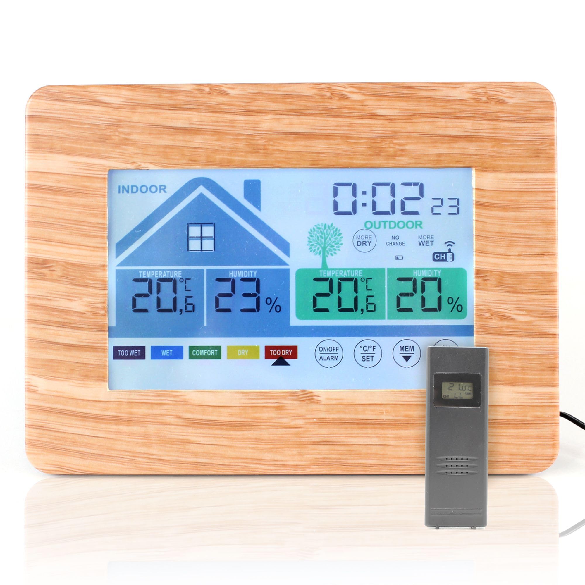 Stazione Comfort Intelligente FISHTEC Wood – Touch Screen, Sensore Esterno, Orologio Radio-pilotato E Sveglia