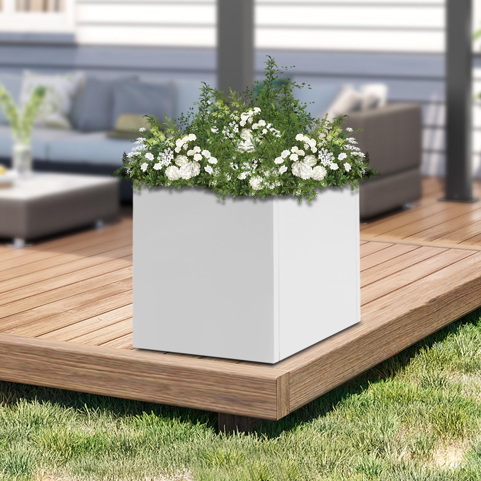 Macetero cuadrado de 60 x 60 x 60 cm, para exteriores, para jardines, entradas, terrazas, patios, etc., color blanco