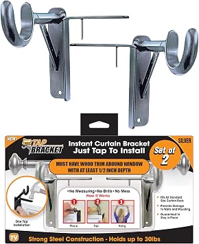 Spark Innovators Tap Curtain Rod Bracket, Silver, Set of 2 No Drill Curtain Rod Brackets, Damage-Free, Easy to Install | Fits 1.25" Rods, Holds up to 30 lbs, As Seen on TV Great Gift Idea for Moms