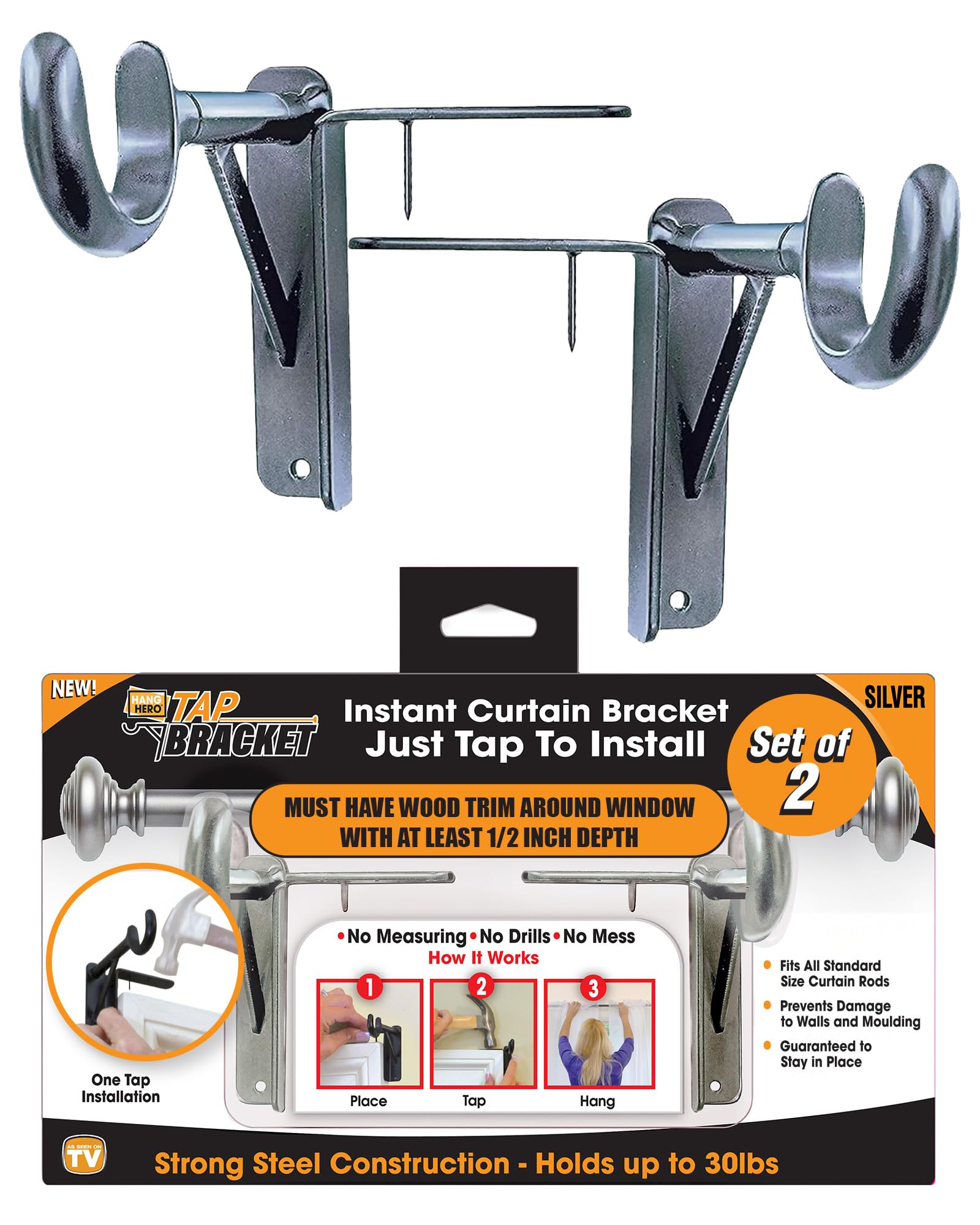 Spark Innovators Silver Tap Bracket Curtain To Hang Your Curtains Quickly - No Measuring No Drills No Screws No Mess (Silver)