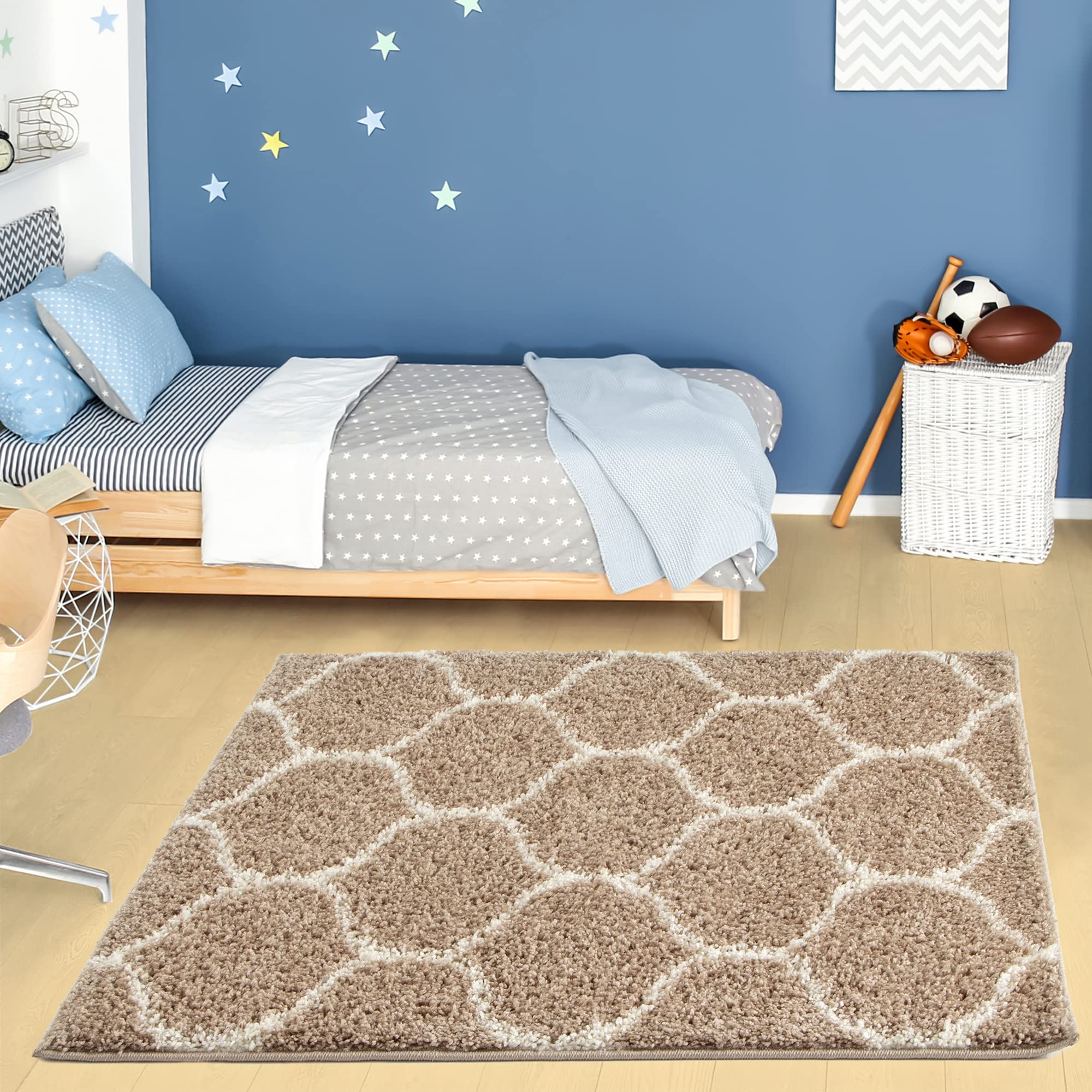 THE RUGS Shaggy Rug – Modern Moroccan Design Rugs for Living Room, Bedroom, Hallway, 3 cm Thick Area Rugs, (Trellis Beige/Ivory, 120cm Square)