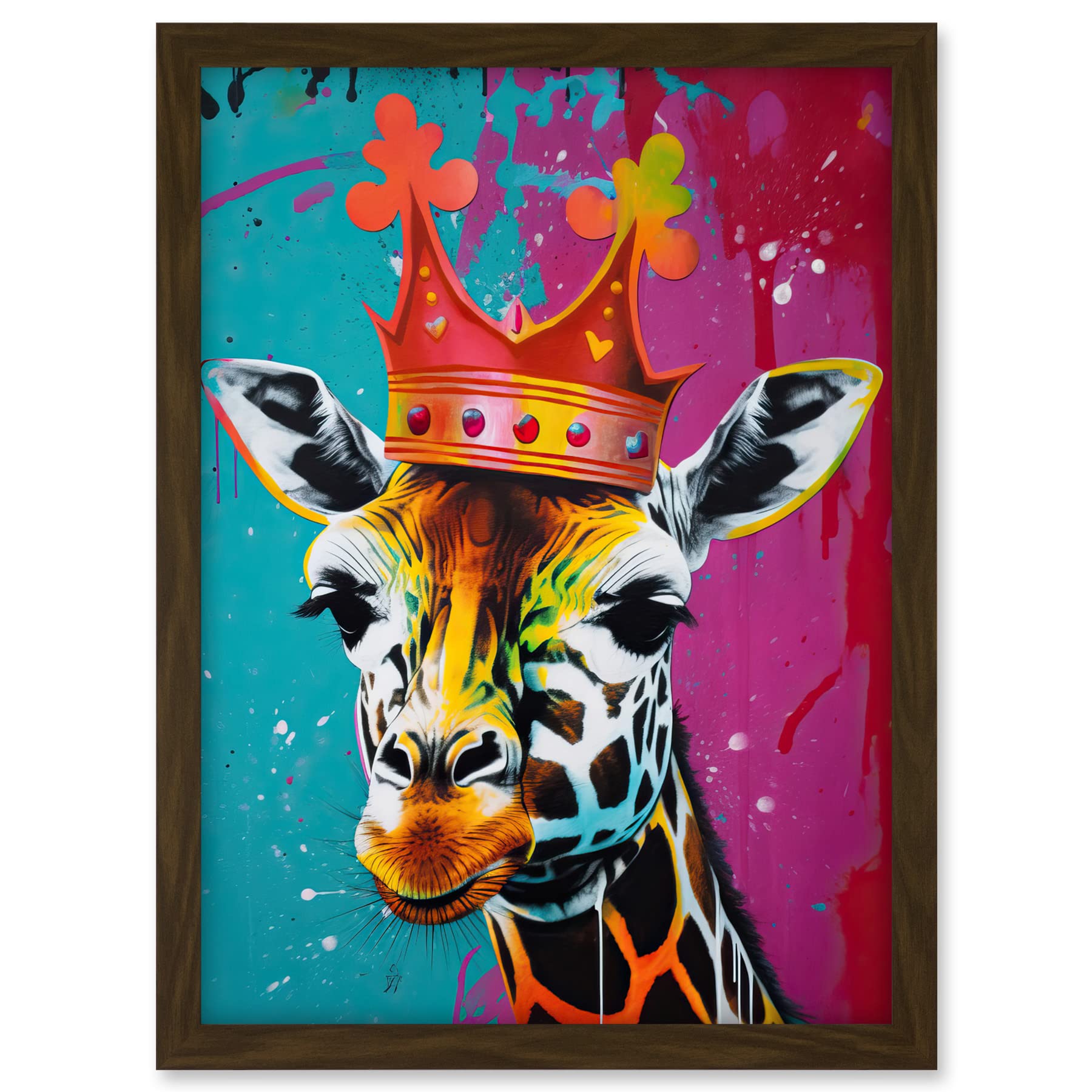 Artery8 King Queen Giraffe Wearing a Crown Modern Pop Art Artwork Framed A3 Wall Art Print