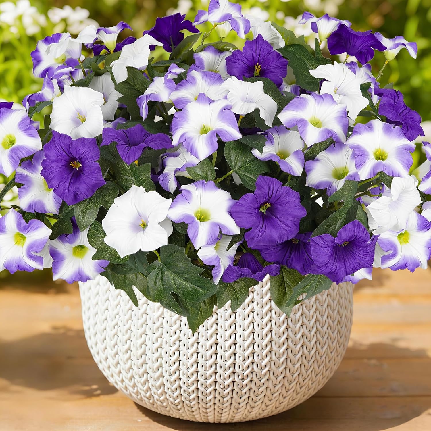 Artificial Flowers for Outdoors, Faux Petunias Spring Summer Decoration, Fake Flowers Plants UV Resistant Look Real Silk Flowers for Outside Planter Front Door Porch Patio Yard (6, Purple-White)