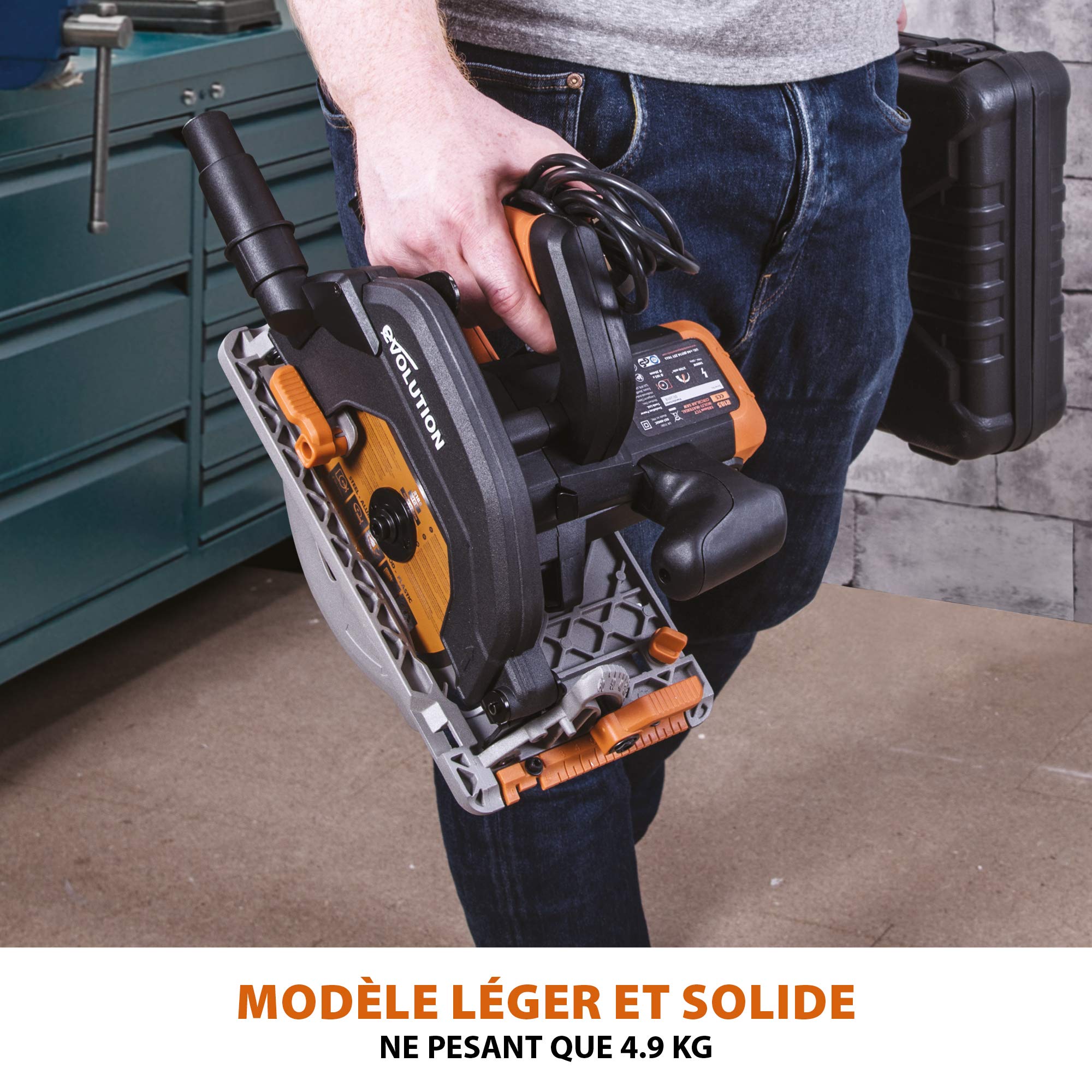 Evolution Power Tools Scie Circulaire - Coupe Multi-Matériaux - Le Bois, Le Plastique, Le Métal - Biseau 0° - 60 - Profondeur de coupe de 64 mm - Guide Parallèles - Lame Incluse 185mm - R185CCS