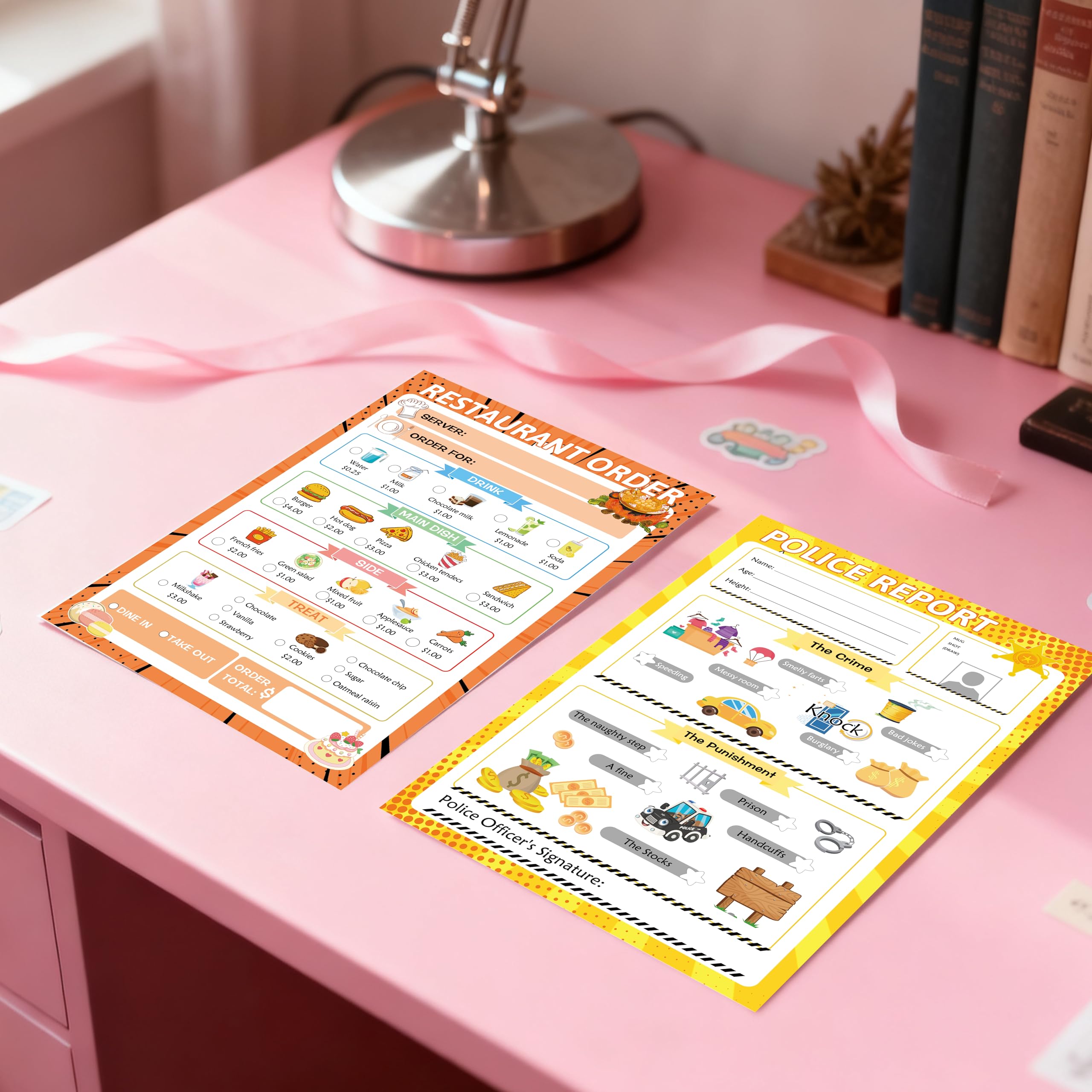 SMARSTICKER Pretend Play Notepads 6 Pack Playtime Pads Pretend Notebooks Imaginative Restaurant Doctor Police Vet Dentist Role Play Game Notepads for Boys & Girls - Image 4