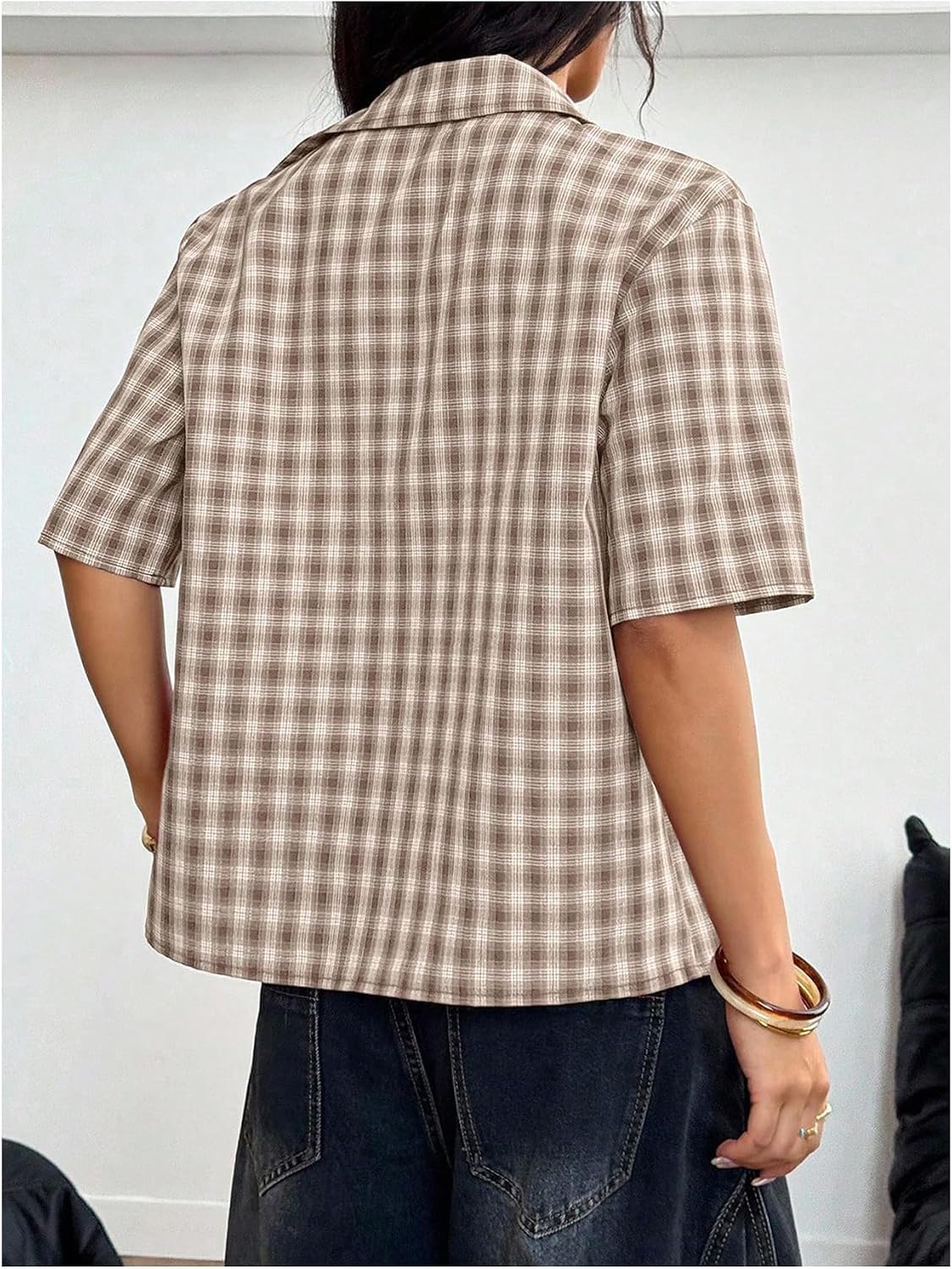 Women's Cropped Plaid Shirt Y2K Short Sleeve Button Up Top Vintage Streetwear