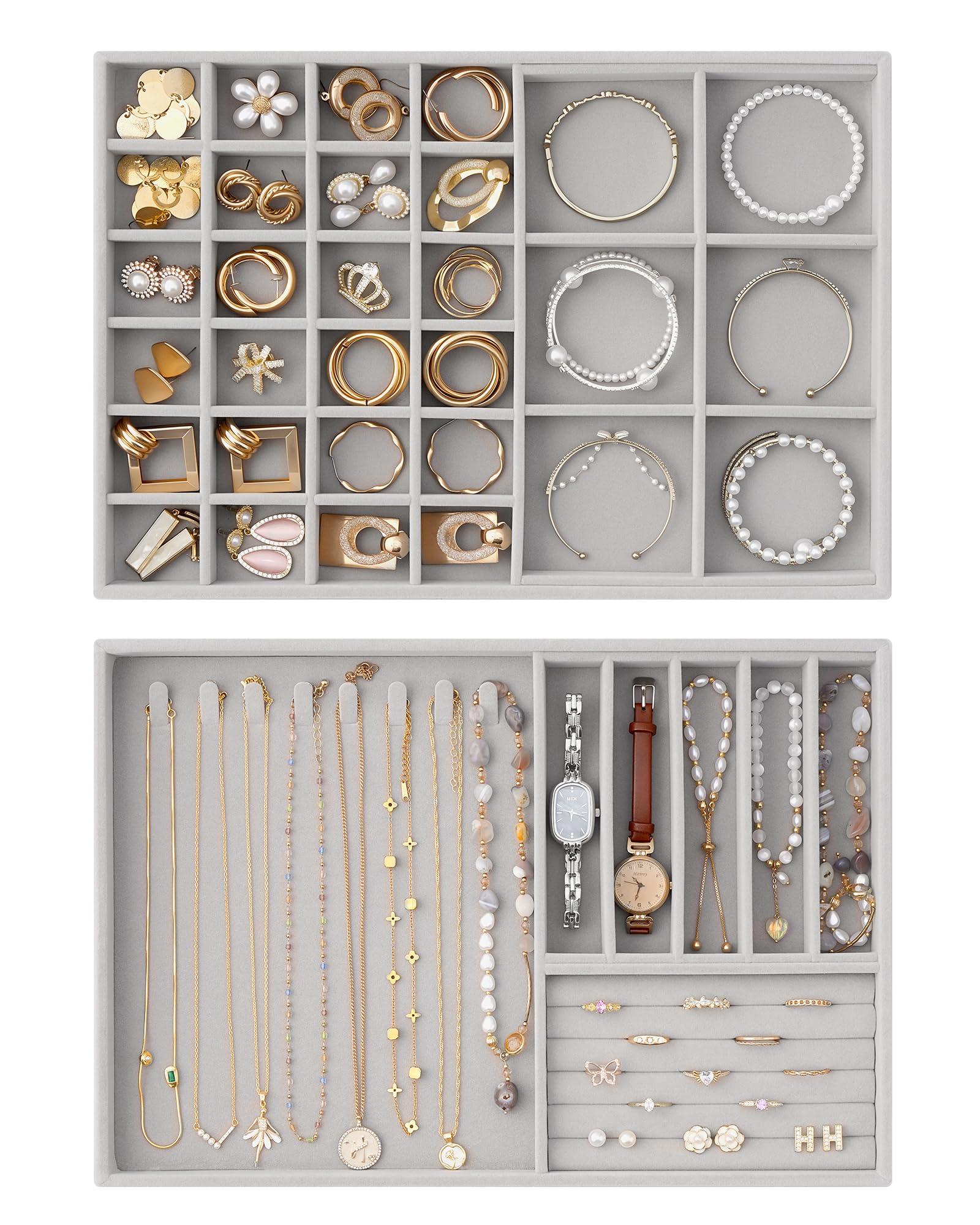 Lolalet Insertos para Cajón de Joyas, Bandejas Apilables de Terciopelo, Juego de Organizadores y Expositores para Collares, Pulseras, Aretes, Anillos, Cadenas, Brazaletes, Relojes - Beige, Juego de 4 — view 10