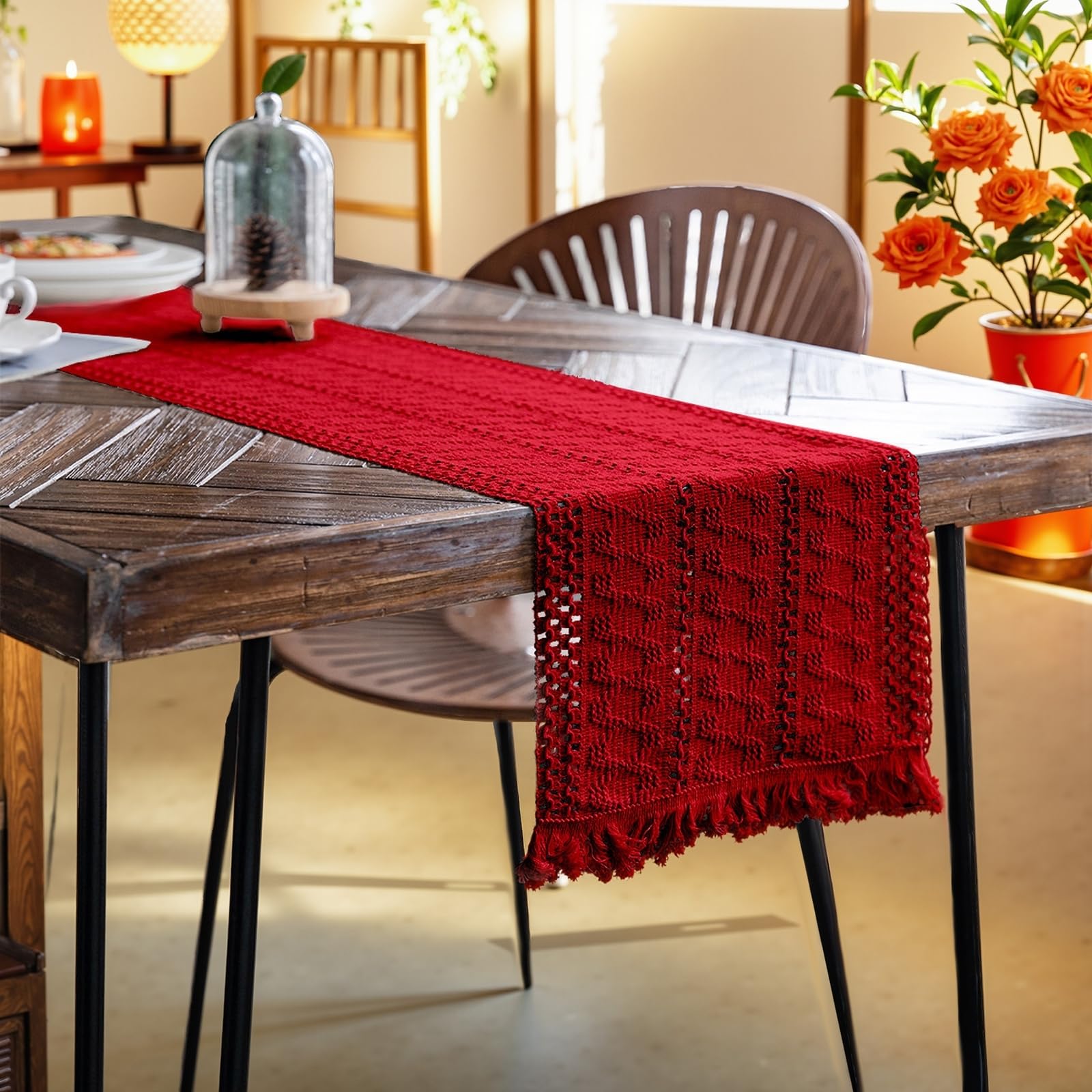Tischläufer Modern Polybaumwolle, Tischläufer Landhausstil 33x350 cm, Uni Rote Häkel mit Quasten