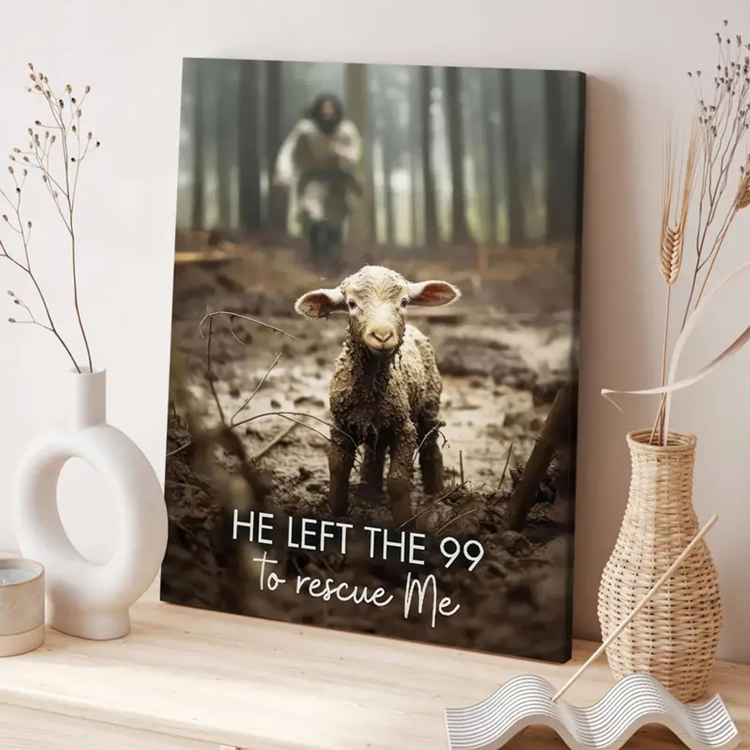 He Left the 99 Canvas Wall Art – Christian Home Décor with Scripture, Jesus and the Lost Sheep Parable Wall Hanging, Inspirational Bible Verse Canvas