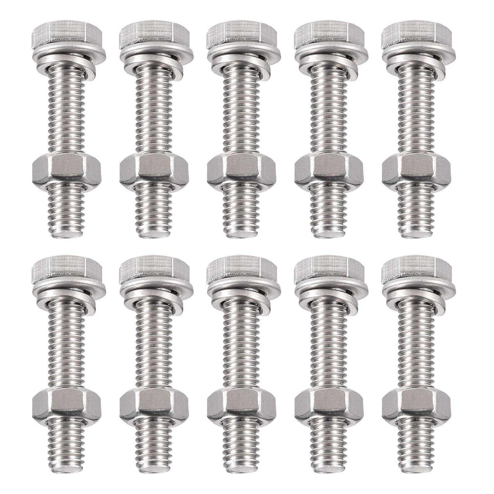 TA-VIGOR 10Pcs M6 x 30mm Hex Head Screws Bolts, Nuts, Flat & Lock Washers Kits, Fully Thread Hexagon Bolts