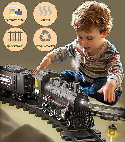 Miniatura 6 de Mantfuty Juego de tren de juguetes para niños con humo, luces y sonido, trenes eléctricos con locomotora de vapor y pistas de lujo, trenes modelo