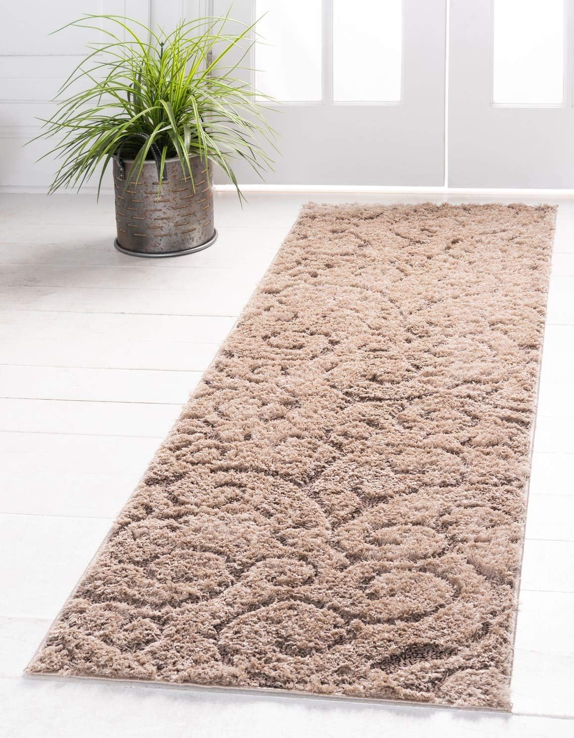 Unique Loom Floral Shag Collection Area Rug-Carved, 2 ft x 6 ft 7 in, Light Brown/Gray