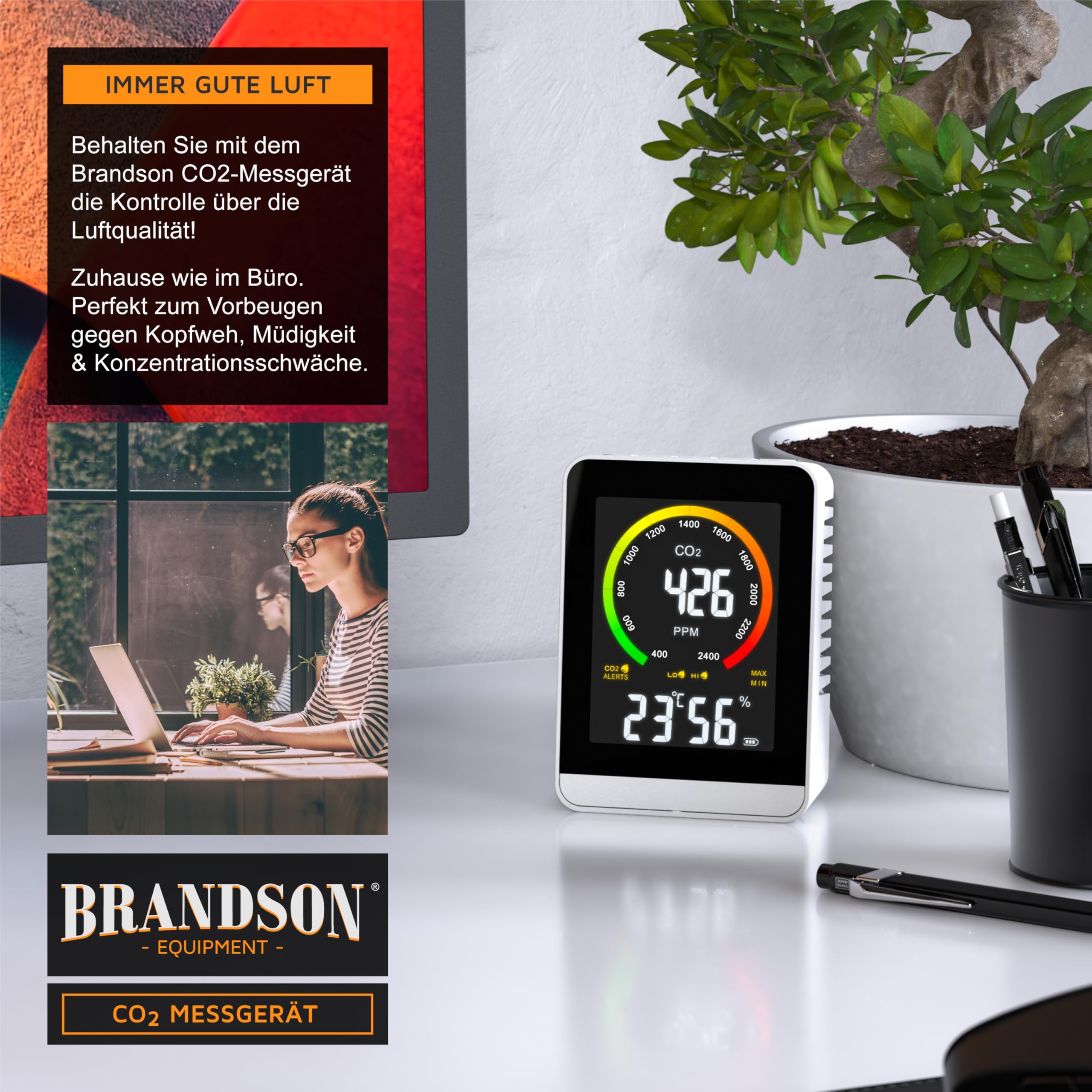 Brandson CO2 Melder Messgerät mit Akku Luftqualitätsprüfer Kohlenstoffdioxid Sensor PPM Anzeige Temperatur Luftfeuchtigkeit