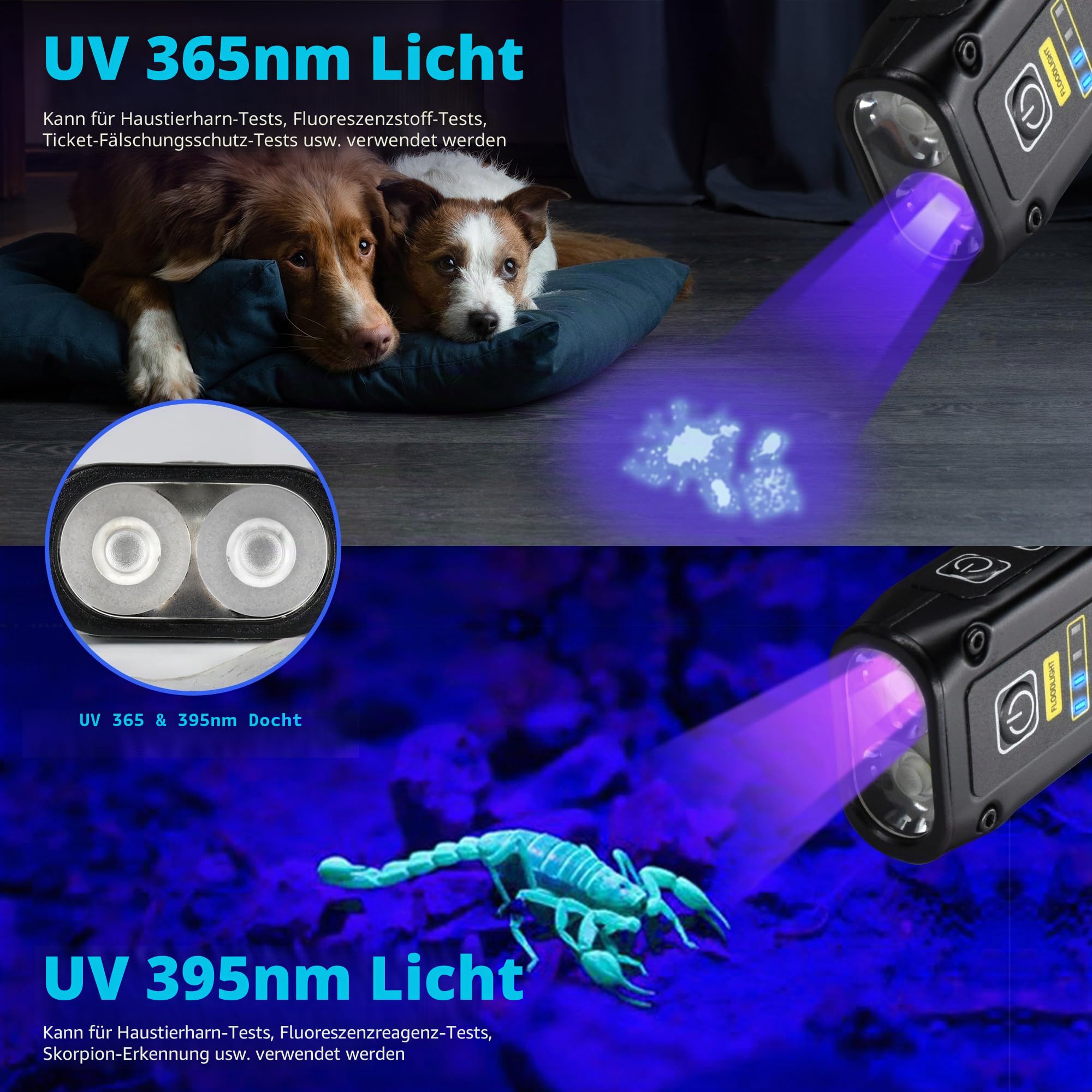 DARKBEAM Schwarzlicht UV Taschenlampe 365+395, 1000LM LED EDC Taschenlampen Wiederaufladbare Woods Lampe, Mini Magnetfuß COB Rotlicht für AC Leck, Epoxidharz, Haustiere Urin, Haus/Außen