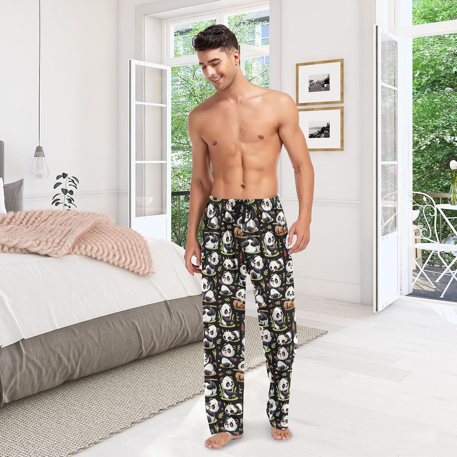 ALAZA Cute Panda Cartoon Men's Sleepwear Mens Pajama Pants Bottoms with Pockets, S