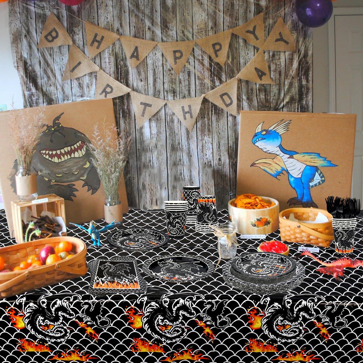 Kit Fiesta Temática Dragón Para 20 Personas - Incluye Telón De Fondo, Platos, Vasos, Servilletas, Globos Y Decoración