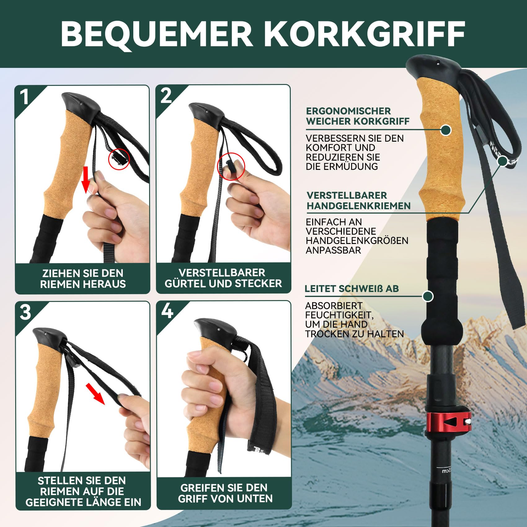 Faltbare Carbon Trekkingstöcke 2 Stück, Leichte Wanderstöcke, Jeder 237 g | Nordic Walking Stöcke,Verstellbare Handschlaufe,Anti-Schock, Ergonomische Griffe,4 Zubehör, für Damen Herren Rucksackreisen