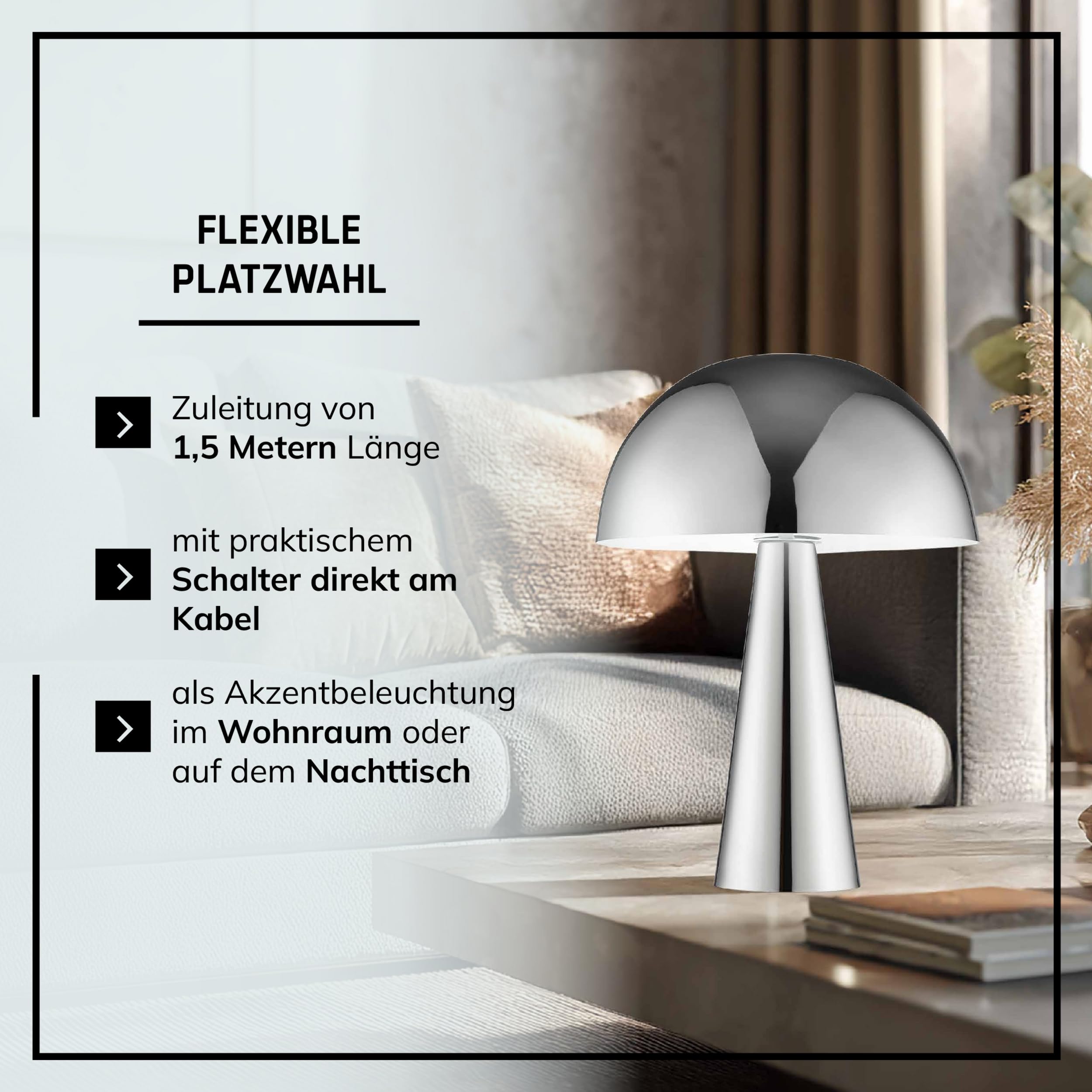 Lightbox Pilz Tischleuchte, Ø 25 cm, Höhe 33 cm, geeignet für LED, E14-Fassung, Metall, chromfarben, Schalter am Kabel, moderne Glamour-Leuchte für Wohnzimmer, Schlafzimmer oder Sideboard