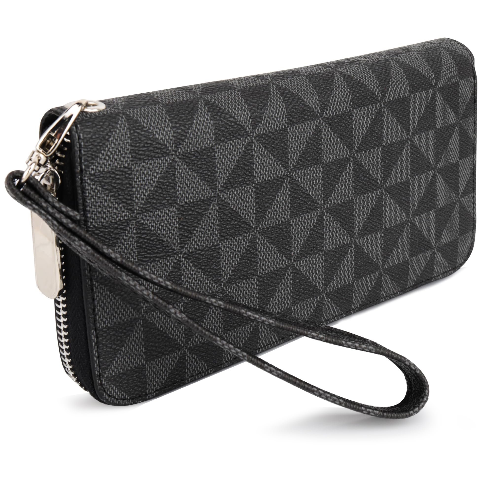 Veki Women's Wallet Double Zipper Pocket Wallets with Wrist Strap, Leather Credit Card Purse for Women Men, Monolayer-Black, Simple