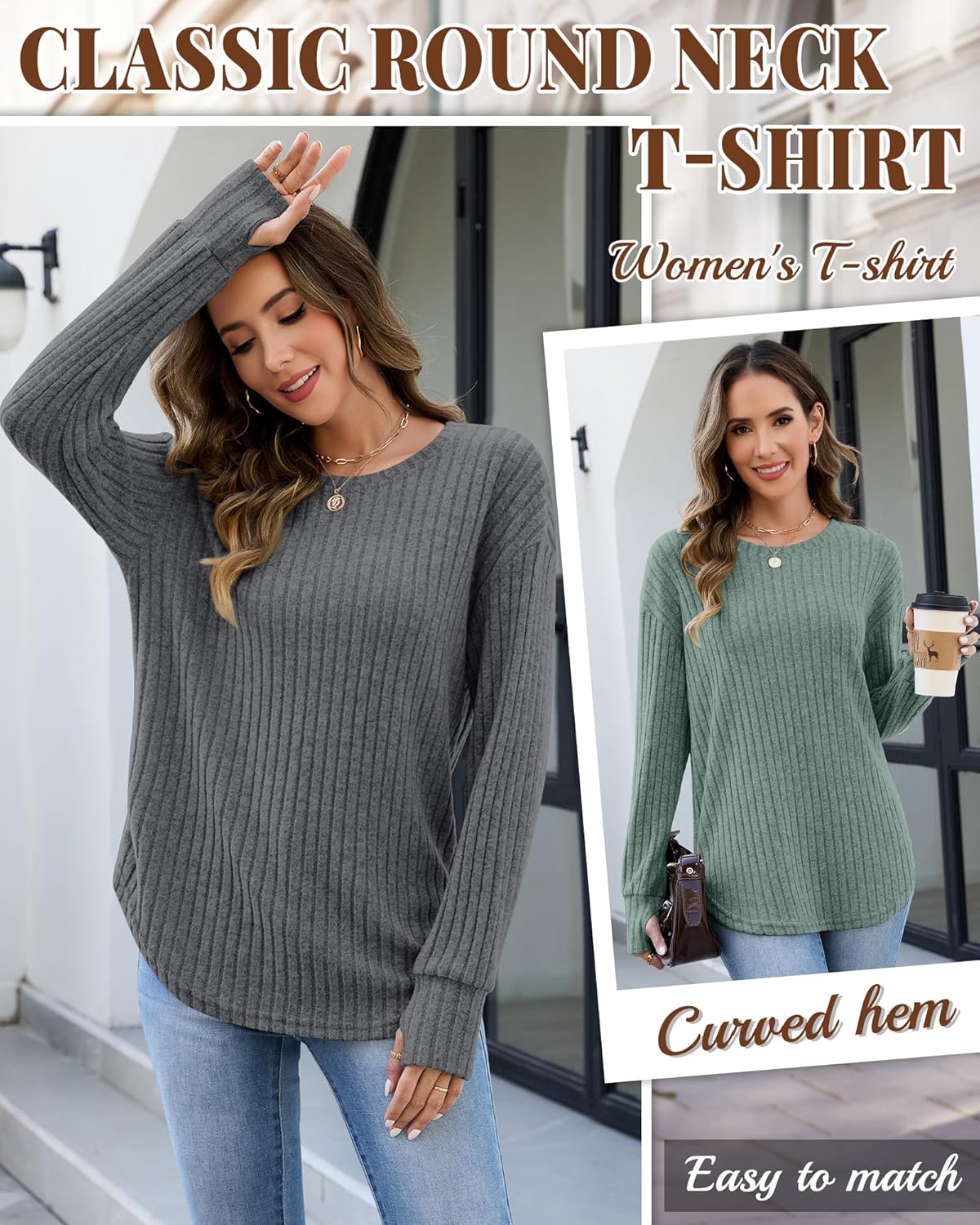 3 Pack Women's Long Sleeve Tops with Thumb Hole Ribbed Crew Neck Loose Fit Shirts Fall Winter Clothes Outfits - Image 3