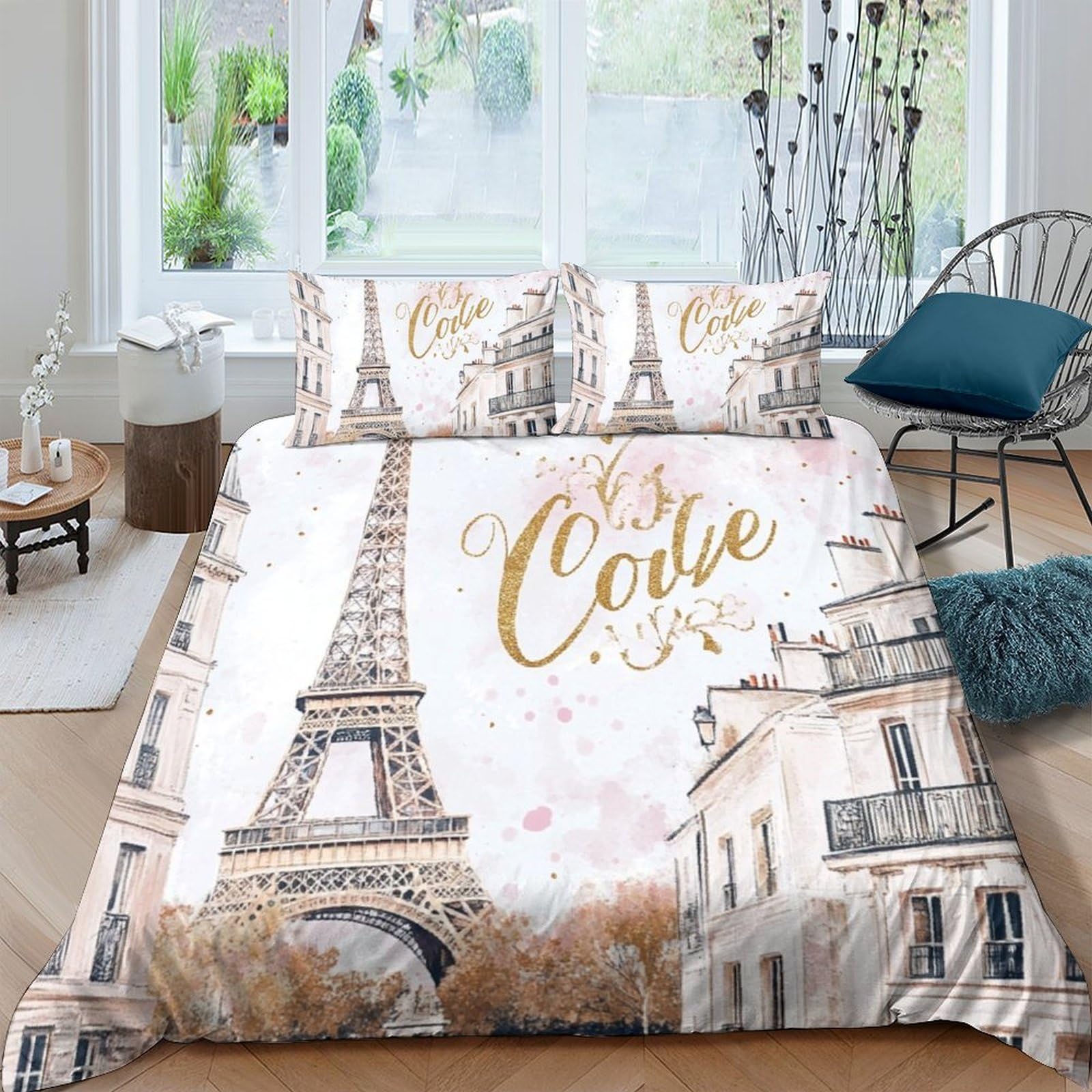 GPLZQXKJNH 3D Printed Paris Eiffel Tower Duvet Cover Microfiber Soft Breathable French City Bedding Set with 2 Pillowcases for Bedroom Decor Single（135x200cm）