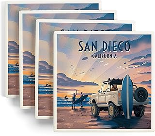 Lantern Press San Diego, California, Lithograph, Surfers on Beach (Absorbent Ceramic Coasters Set of 4 Matching Images, Cork Back, Kitchen Table Decor)