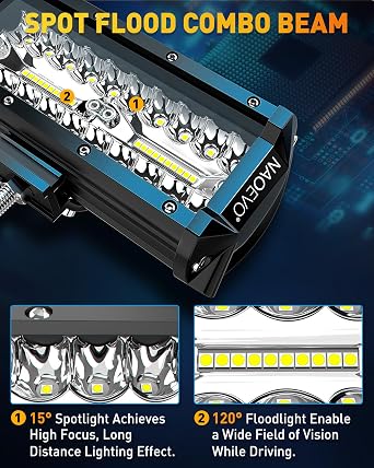 NAOEVO 7 inch LED Light Bar LED Work Lights for Truck Boat(4-Pack, with a Wiring Harness Kit)