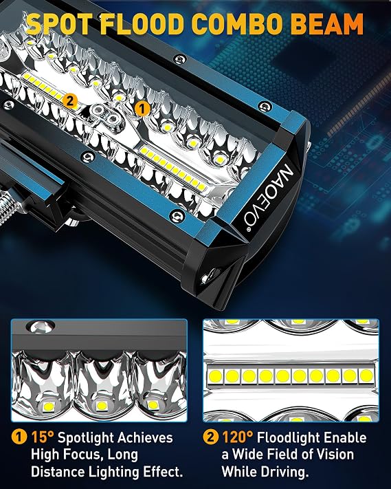NAOEVO 7 inch LED Light Bar LED Work Lights for Truck Boat(4-Pack, with a Wiring Harness Kit)