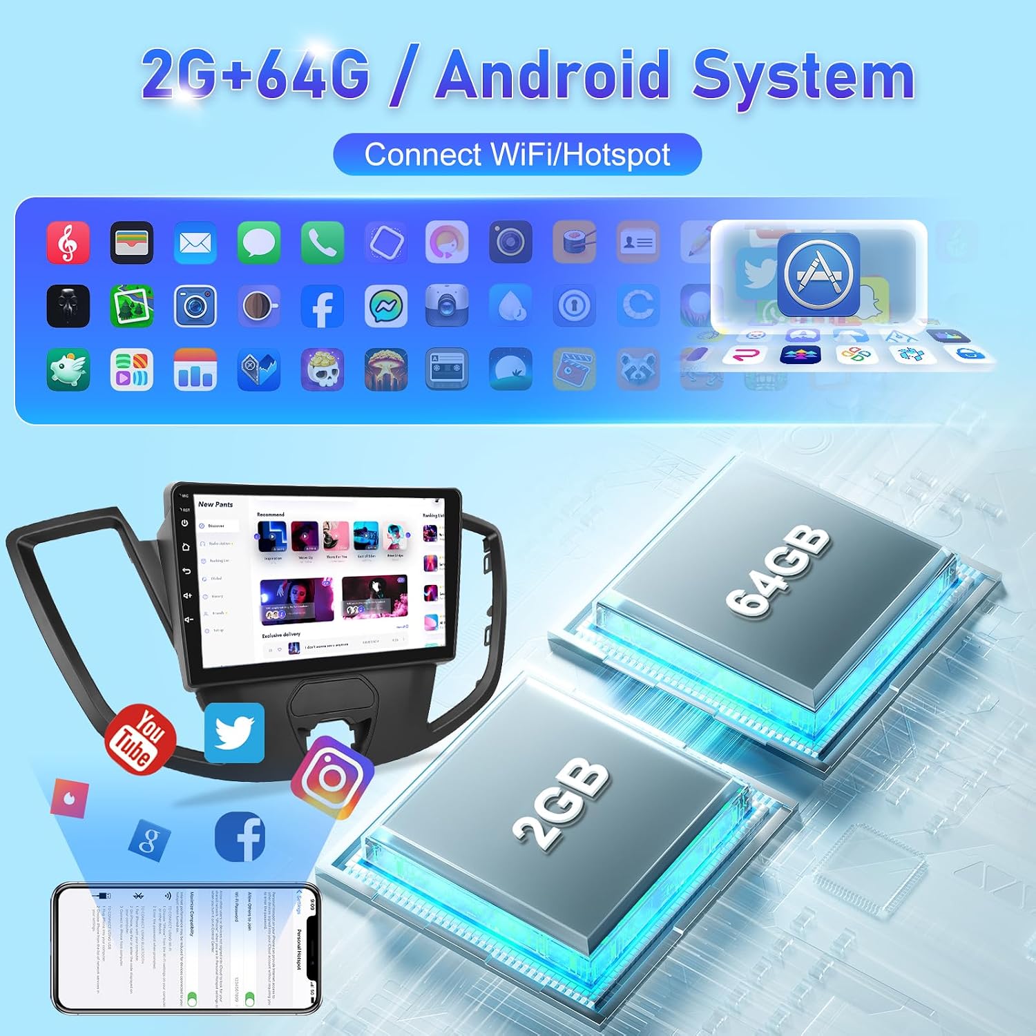 [2+64] Car Radio for Ford Transit 150 250 350 2015-2019, 9 inch Android Touchscreen Stereo with Carplay & Android Auto, GPS, WiFi, Bluetooth, SWC, Rear Camera, FM/RDS