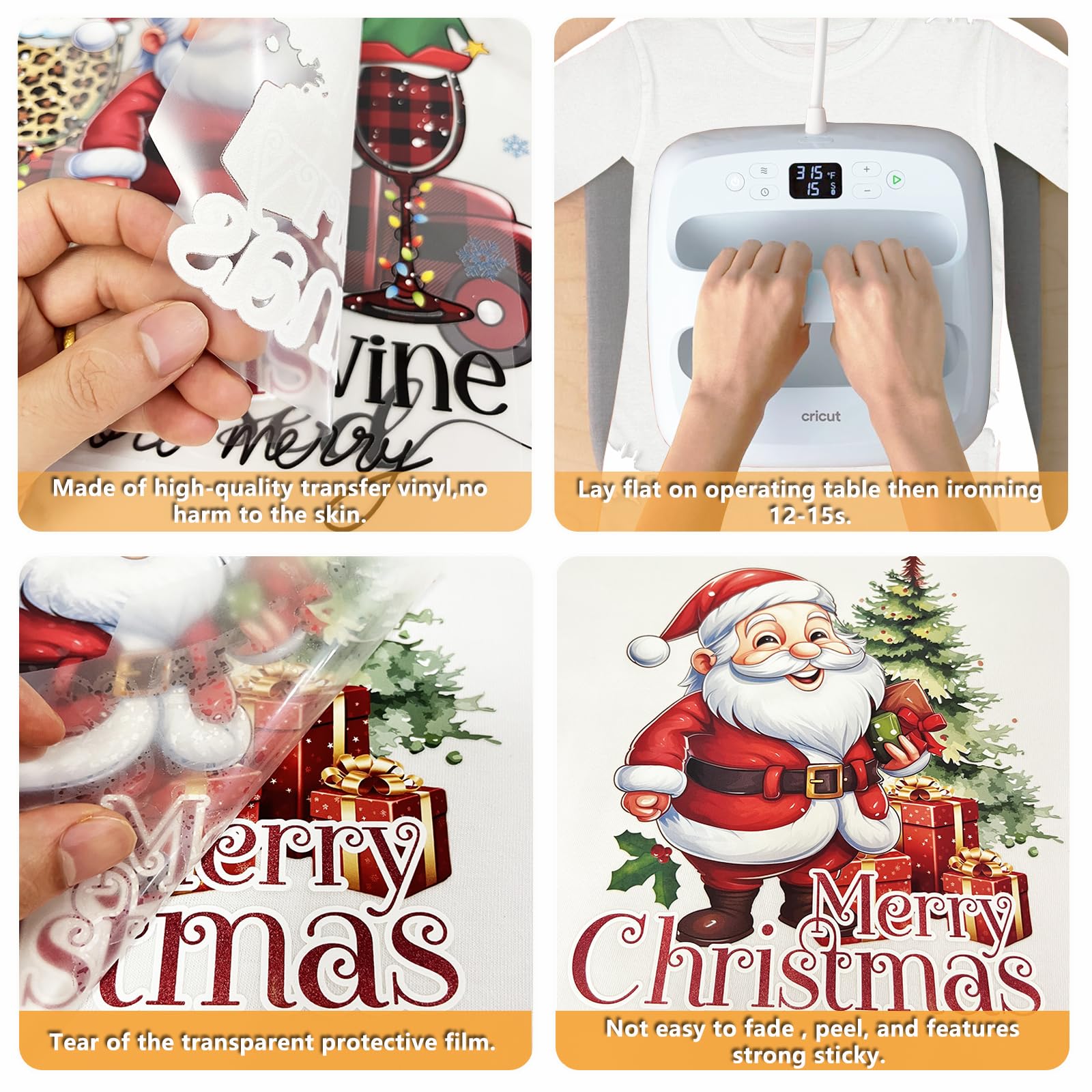 12 hojas de vinilo termotransferible de Navidad para camisetas, calcomanías navideñas para planchar para ropa, bolsas, fundas de almohada, decoraciones de bricolaje