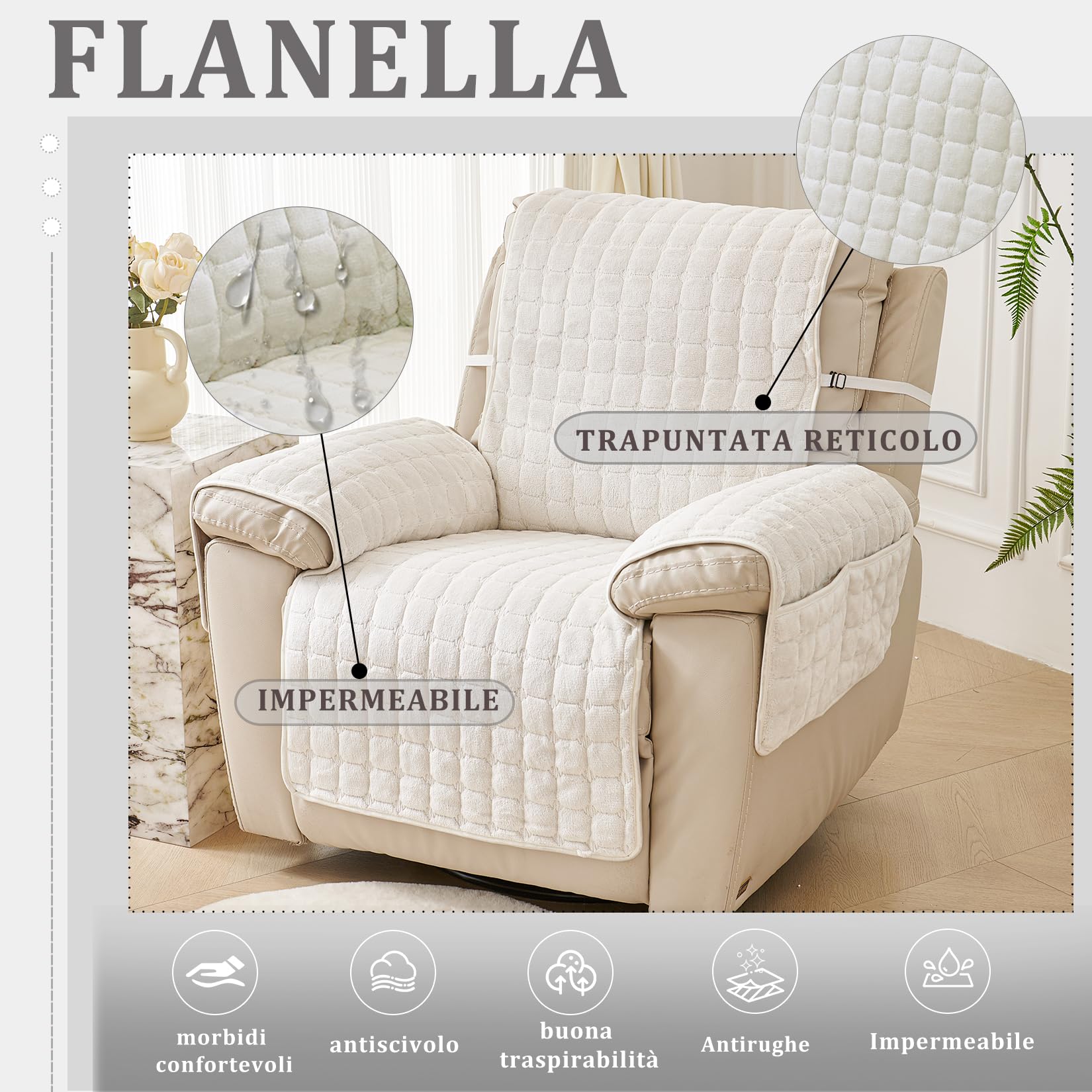 Copripoltrona 1 Posto Relax Reclinabile, Copri Poltrona con Braccioli Salvapoltrona Antiscivolo per Casa Con Bambini e Animali Domestici Cane(Bianco, 1 Posto(53 * 190cm))