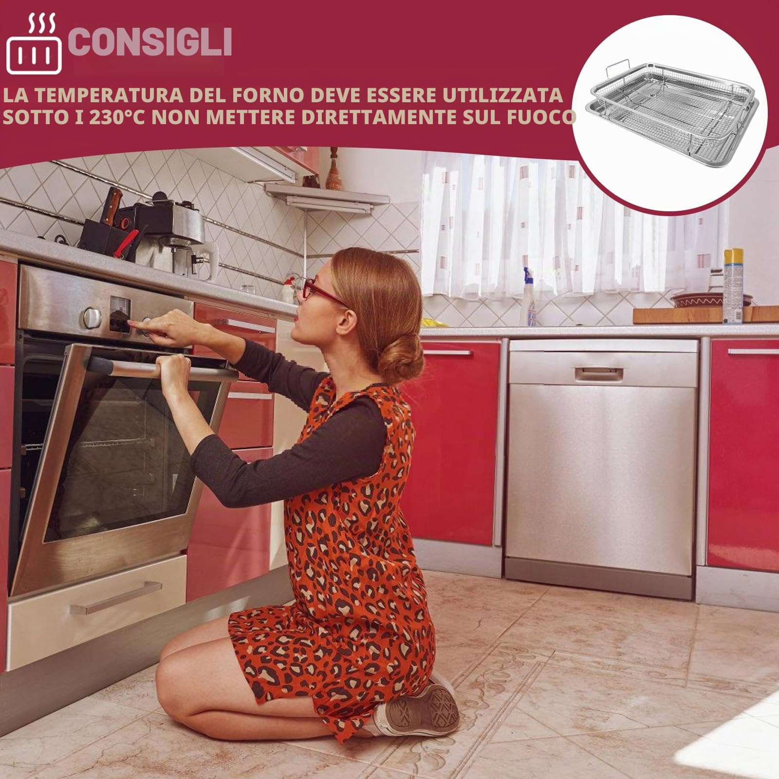 Teglia da forno con griglia di raffreddamento, cestino per barbecue, in acciaio inox con manico e base, rettangolare, in rete, per grigliare e raffreddare (32,5 x 24,5 x 5,2 cm)