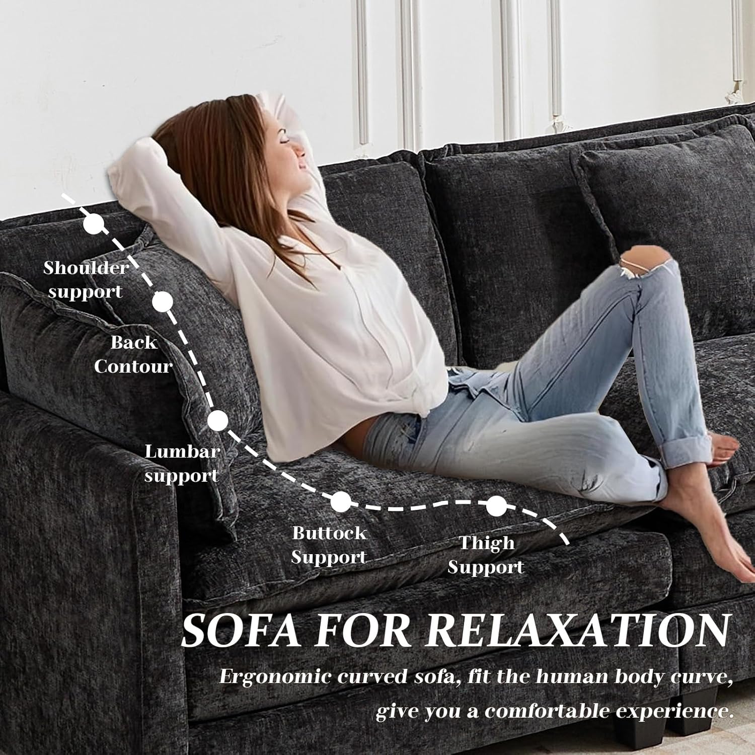 SoarFlash Chenille 77.95" Sectional Sofa, Comfy L Shaped Modular Coush Sofa with Ottoman, Modern 2 Seat Couch Deep Seat Sofa Set for Living Room,Black